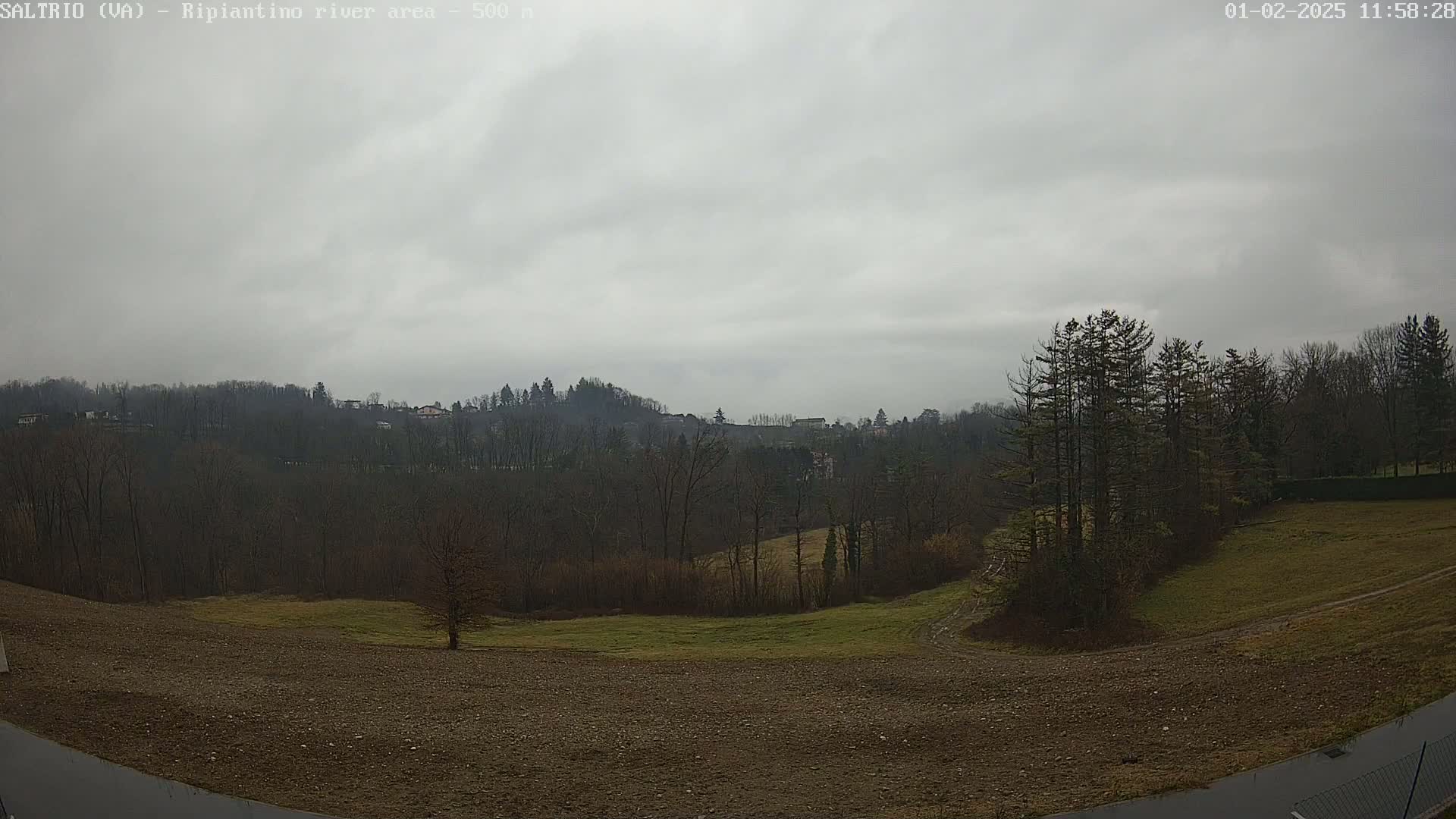 A view of a plowed field and a treeline leading to distant hills under an overcast sky.