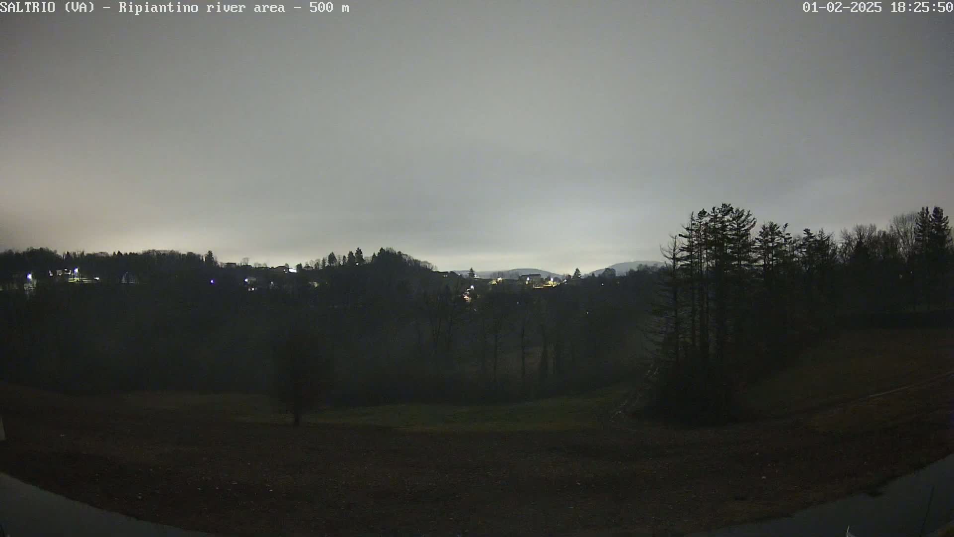 A dark, overcast night scene shows a hilly landscape with sparse trees and distant lights, under a gray sky.