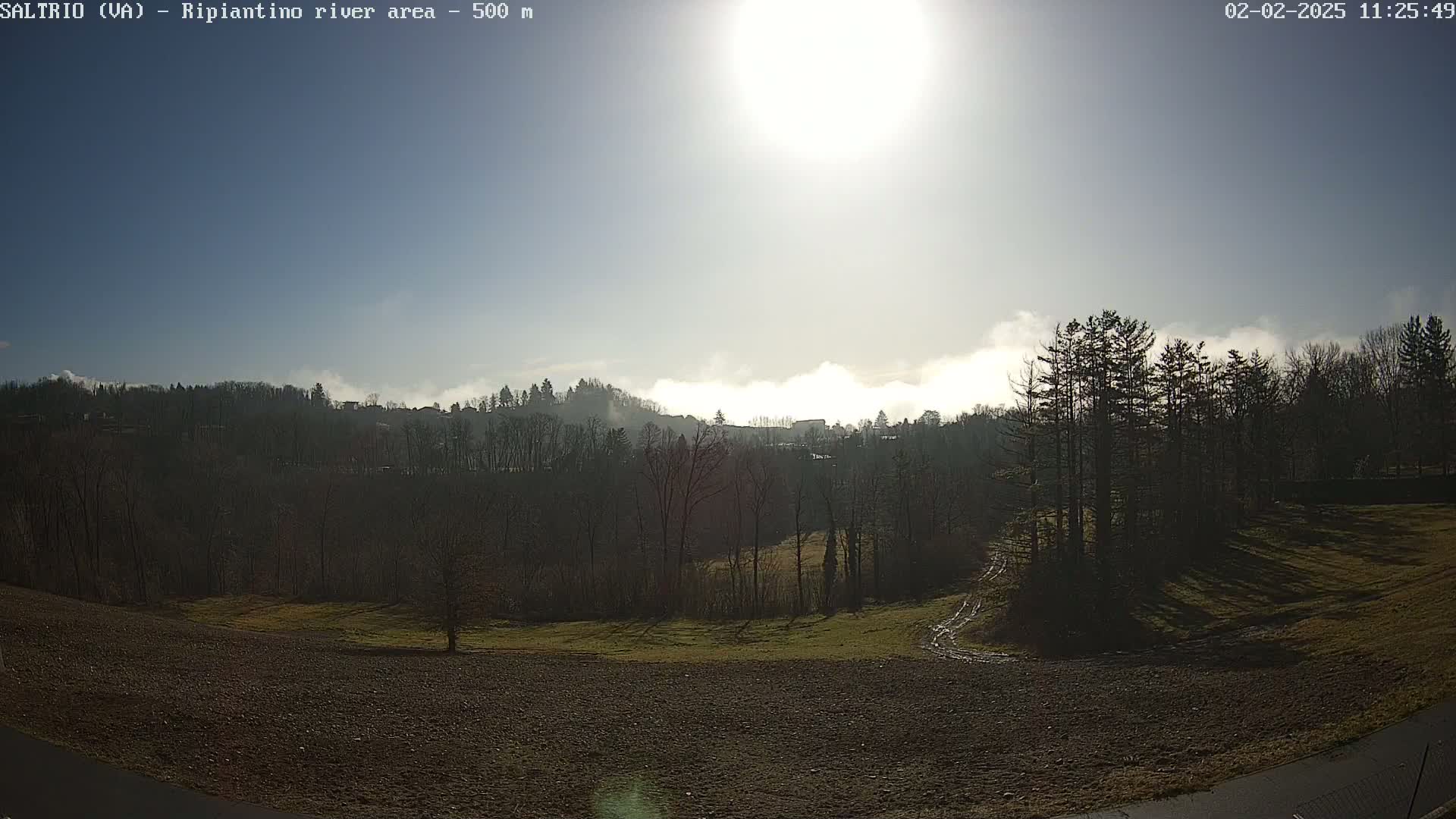 A sunny day reveals a low-lying fog covering the distant hills and trees, with a foreground of barren brown earth and a patch of green grass.