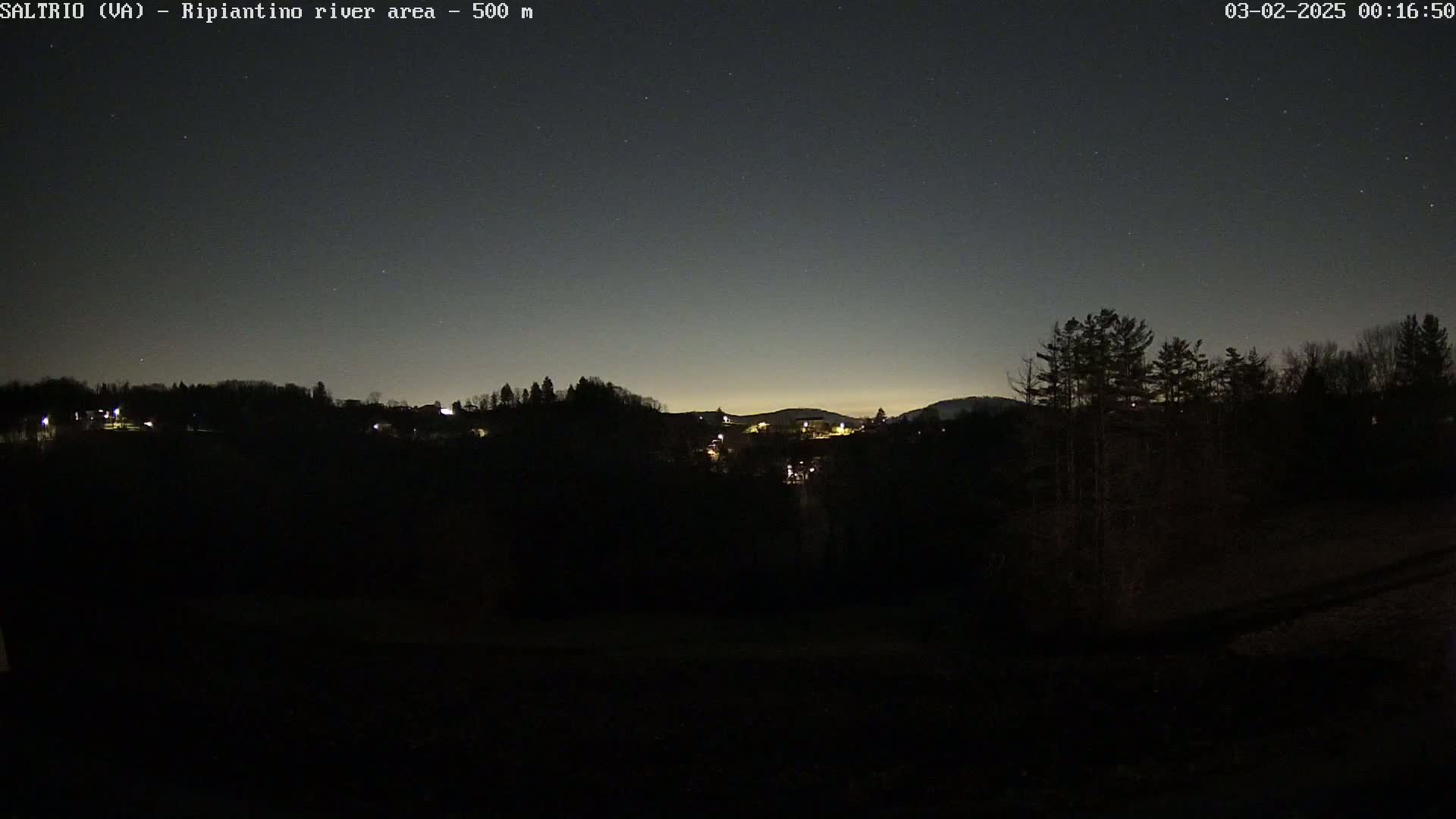 A nighttime view of a dark, tree-lined hillside with a few distant lights, under a mostly clear, dark sky.