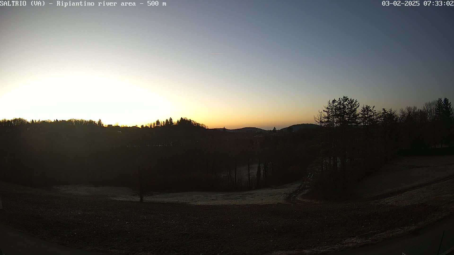 A sunrise over a dark, frost-covered field and silhouetted trees, with a clear, pale sky.