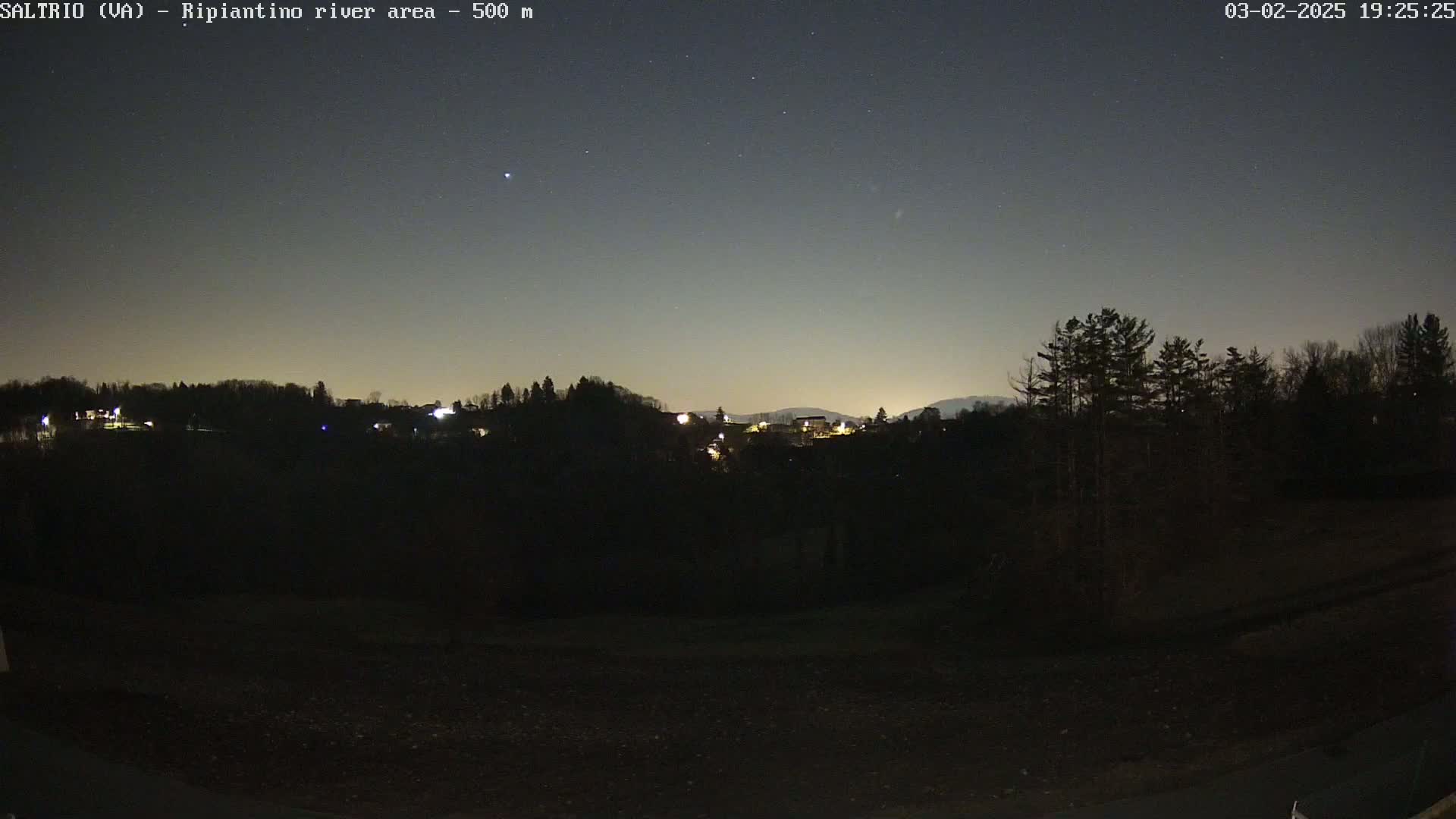 A nighttime view of a dark, sparsely lit landscape with a few trees in the foreground and a village nestled amongst hills in the distance under a clear, starry sky.