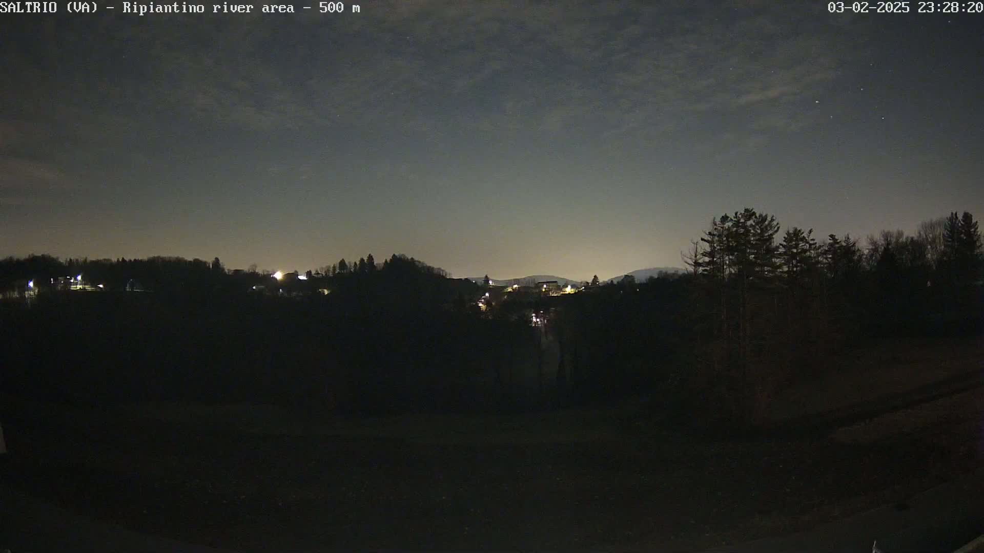 A nighttime view of a dark, wooded area with a few distant lights under a slightly cloudy sky.