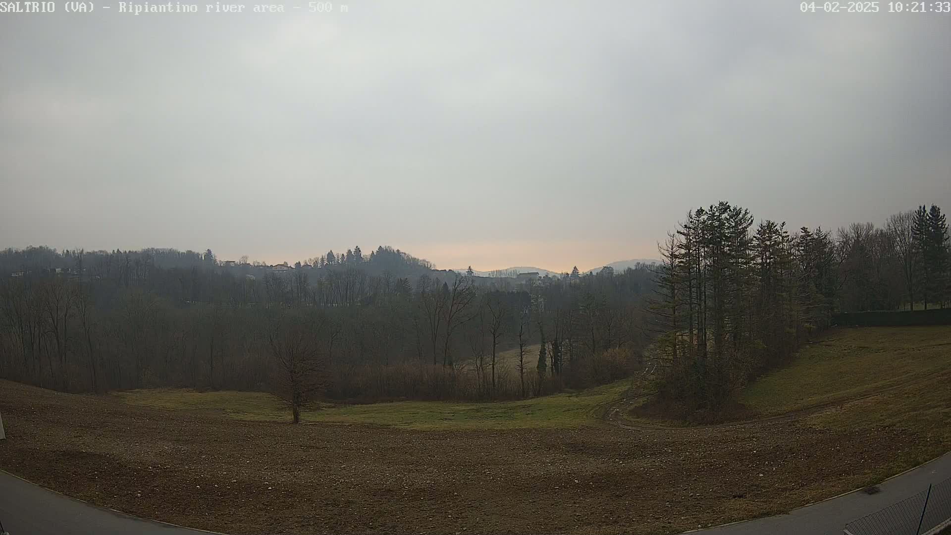 A mostly barren, brown field slopes down to a line of leafless trees and hills under a hazy, overcast sky.