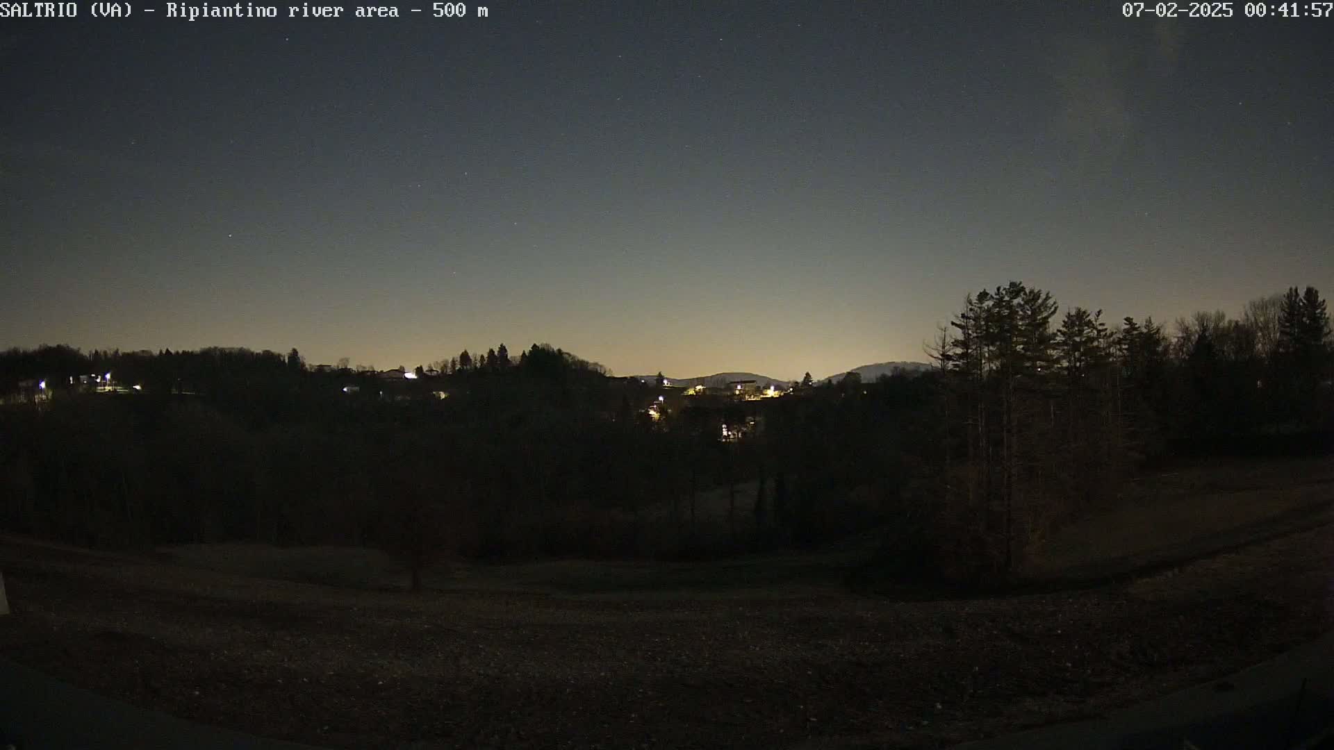 A nighttime view of a dark, wooded hillside with a few scattered lights, under a clear, starlit sky.
