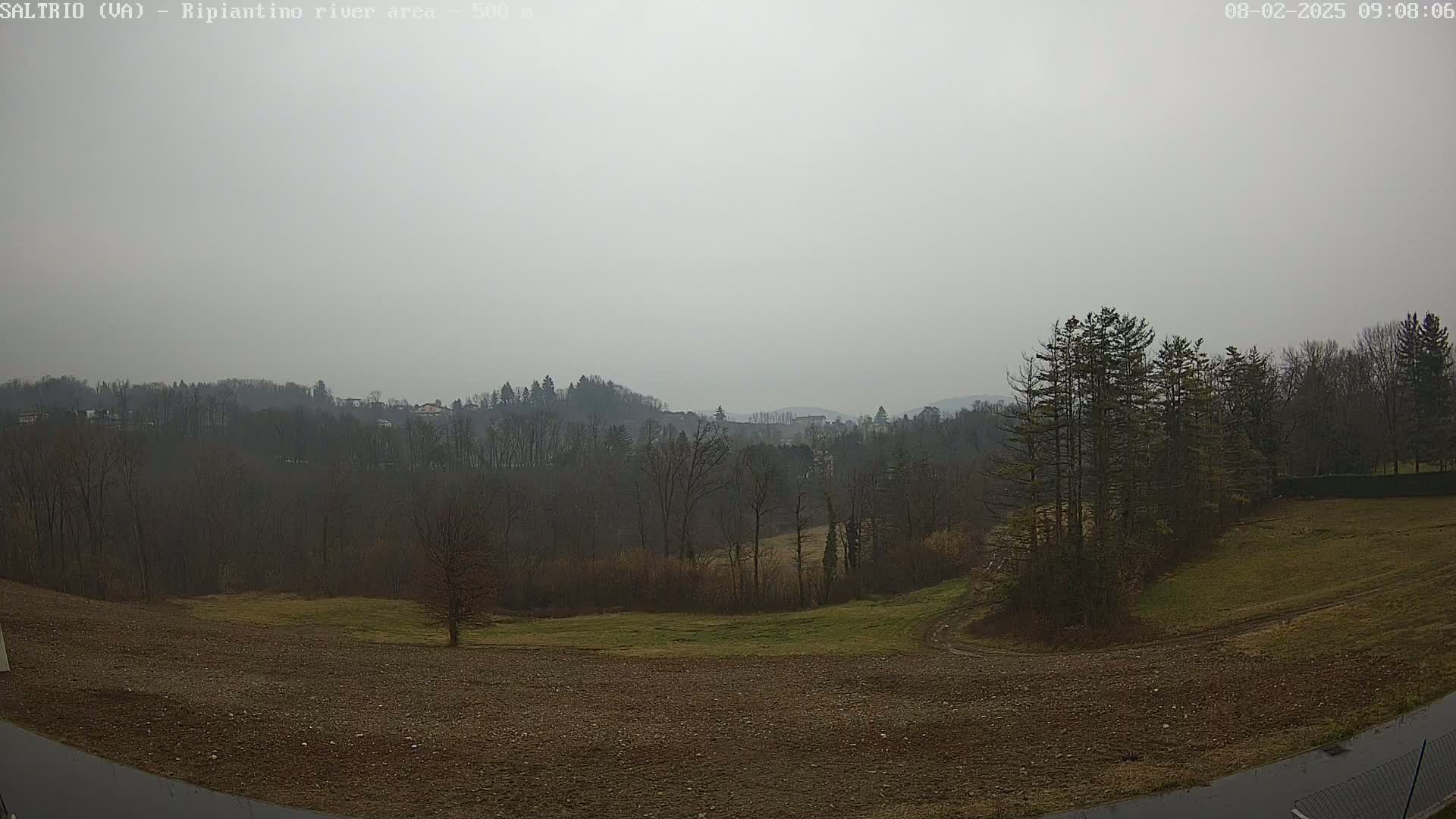 A hazy, overcast day reveals a view of bare, winter trees and hills, with a foreground of plowed, brown earth.