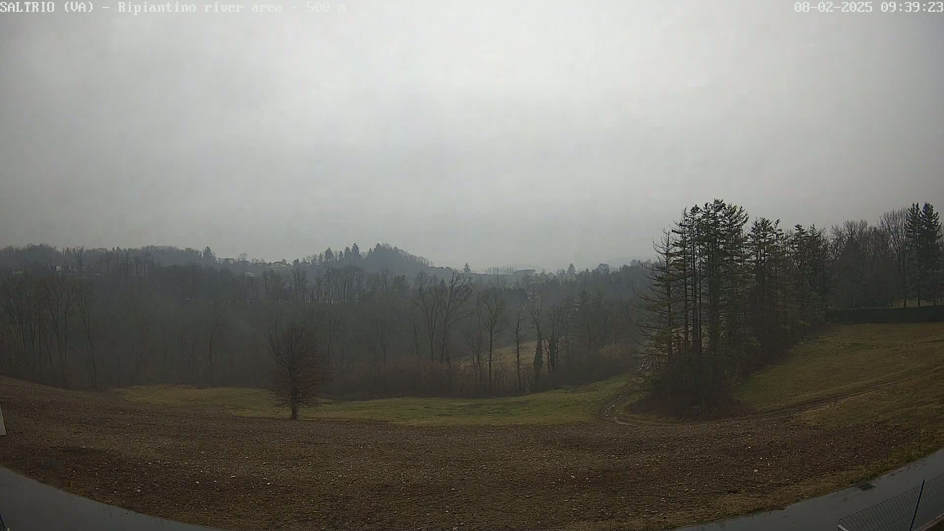 A hazy, overcast day reveals a landscape of bare trees, a plowed field, and distant hills.
