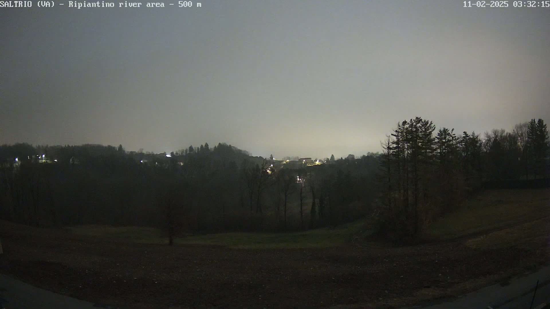 A nighttime view of a dimly lit town nestled in a dark, tree-covered hillside under a hazy, gray sky.