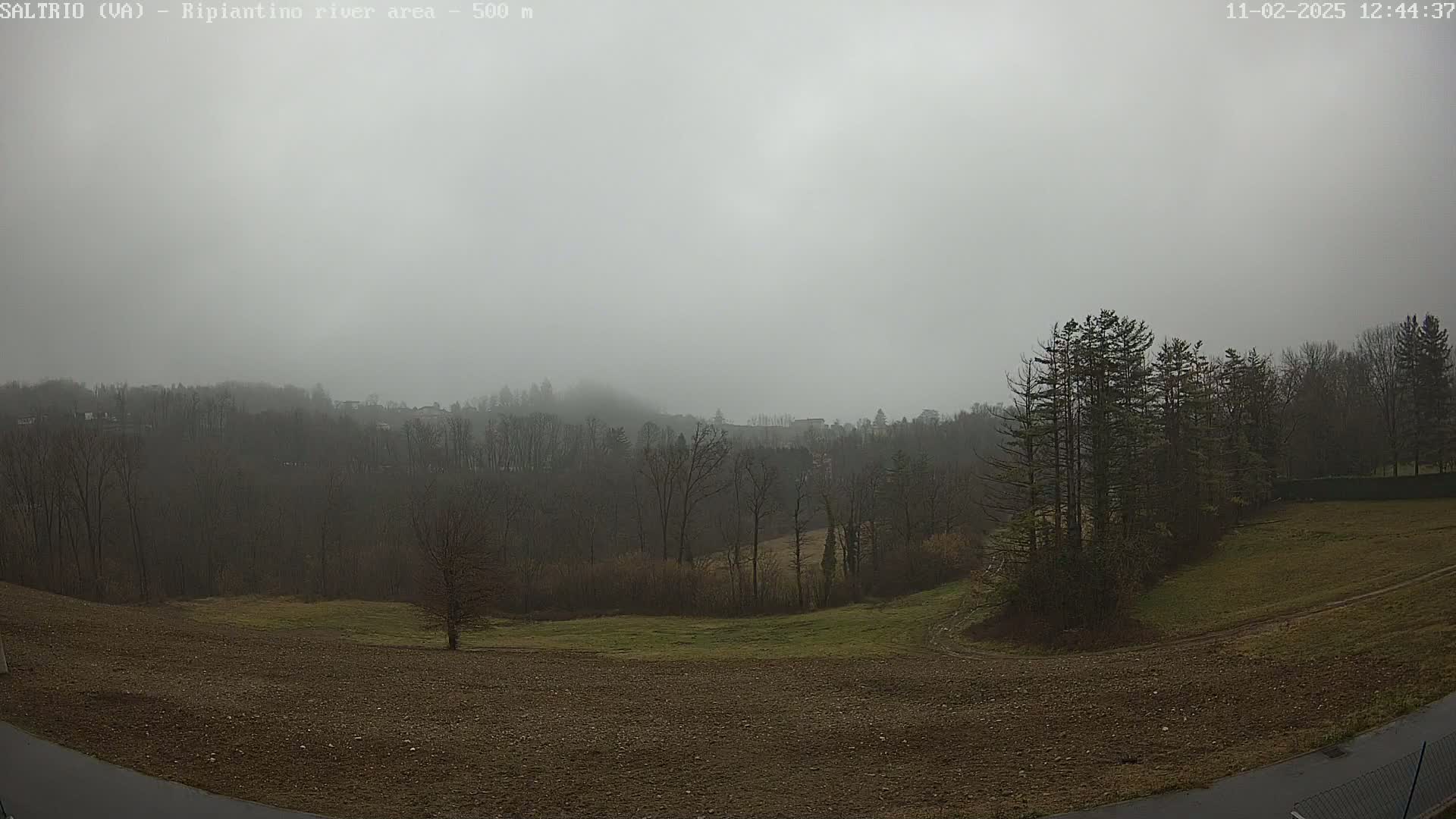 A foggy landscape shows a plowed field in the foreground, bare trees and hills in the midground, and a hazy sky.