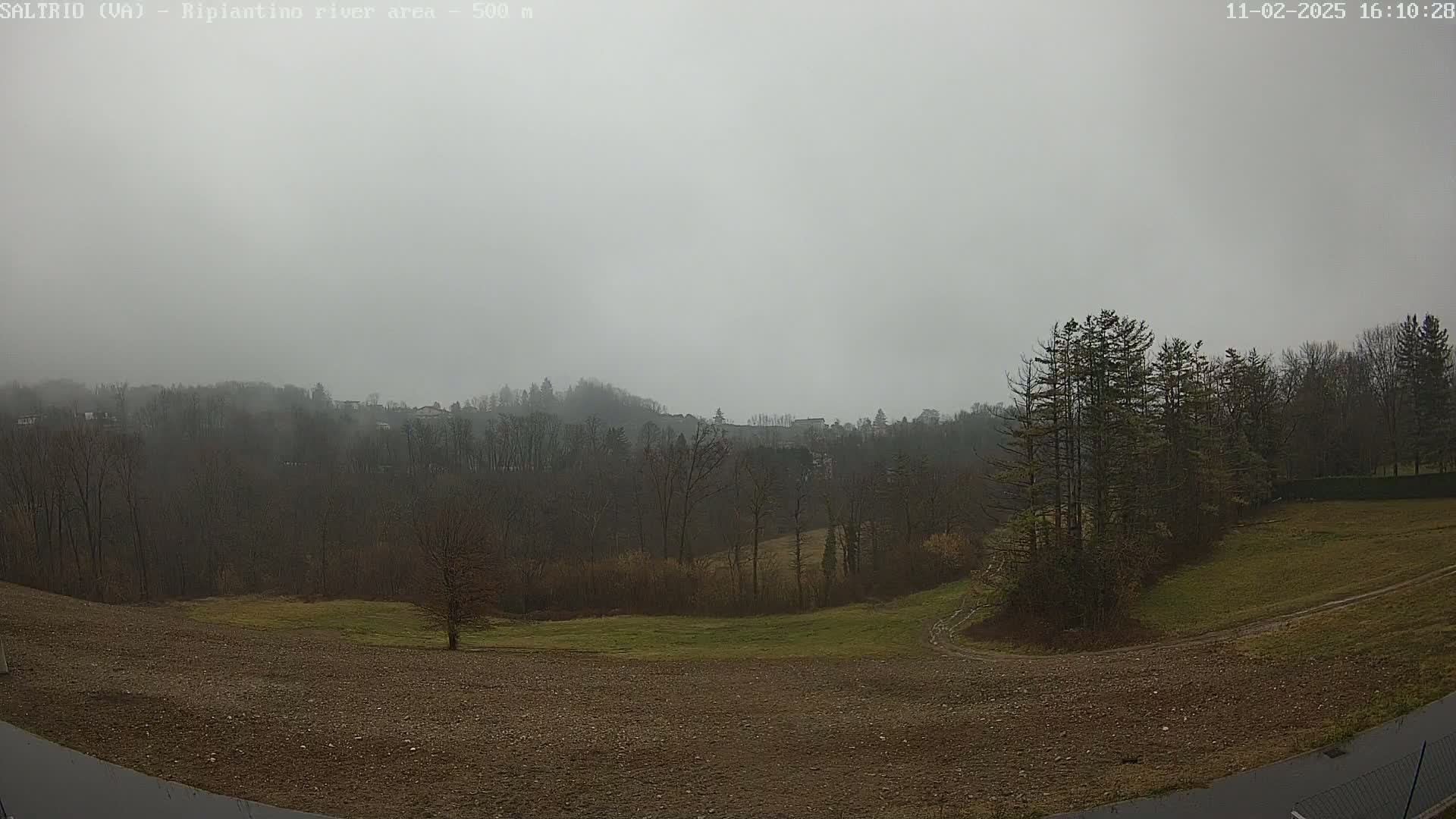A hazy, overcast day reveals a view of a plowed field, bare winter trees, and distant hills.