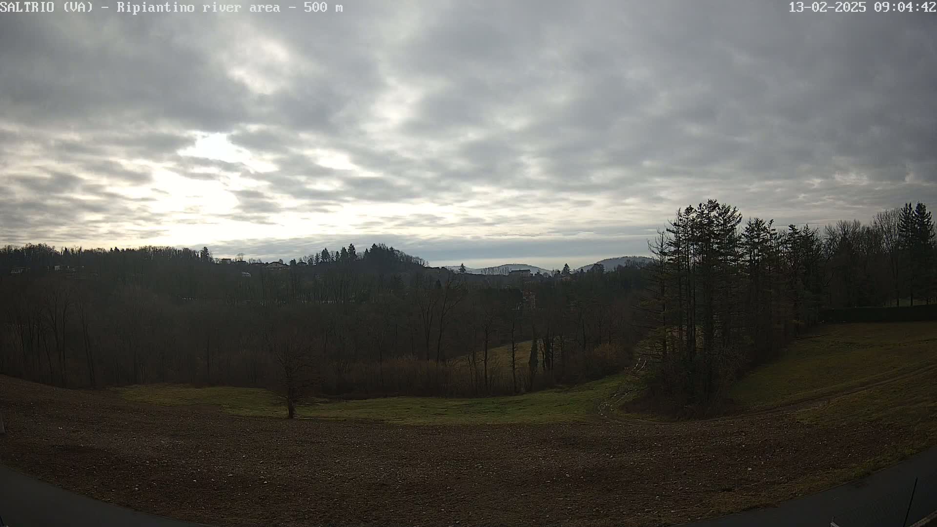 A mostly cloudy sky overlooks a brown, plowed field and a dark, wooded area with distant hills under a pale sky.