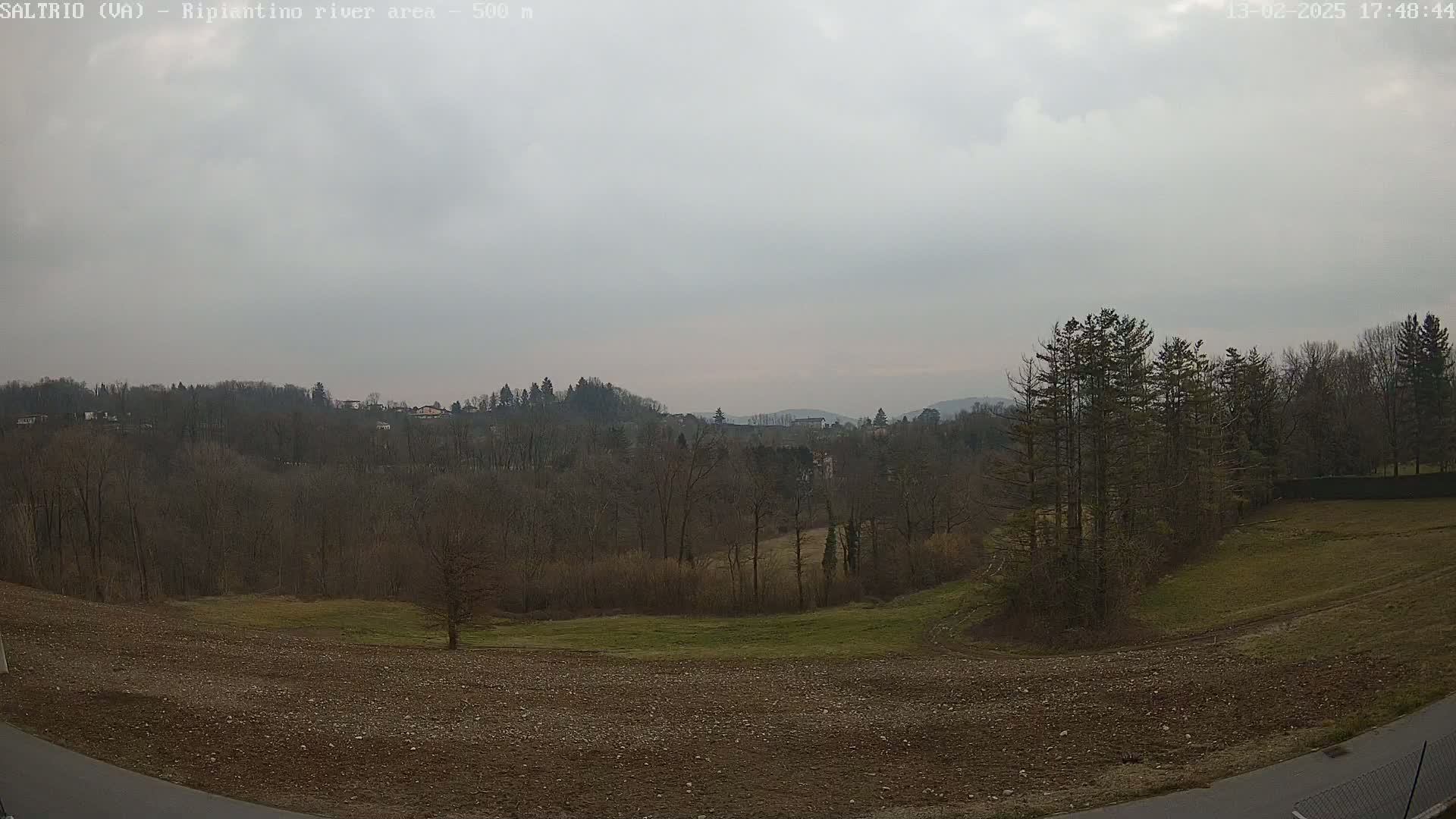 A view of a hilly landscape under an overcast sky shows bare trees and brown fields in the foreground, with a line of trees and distant buildings visible in the background.