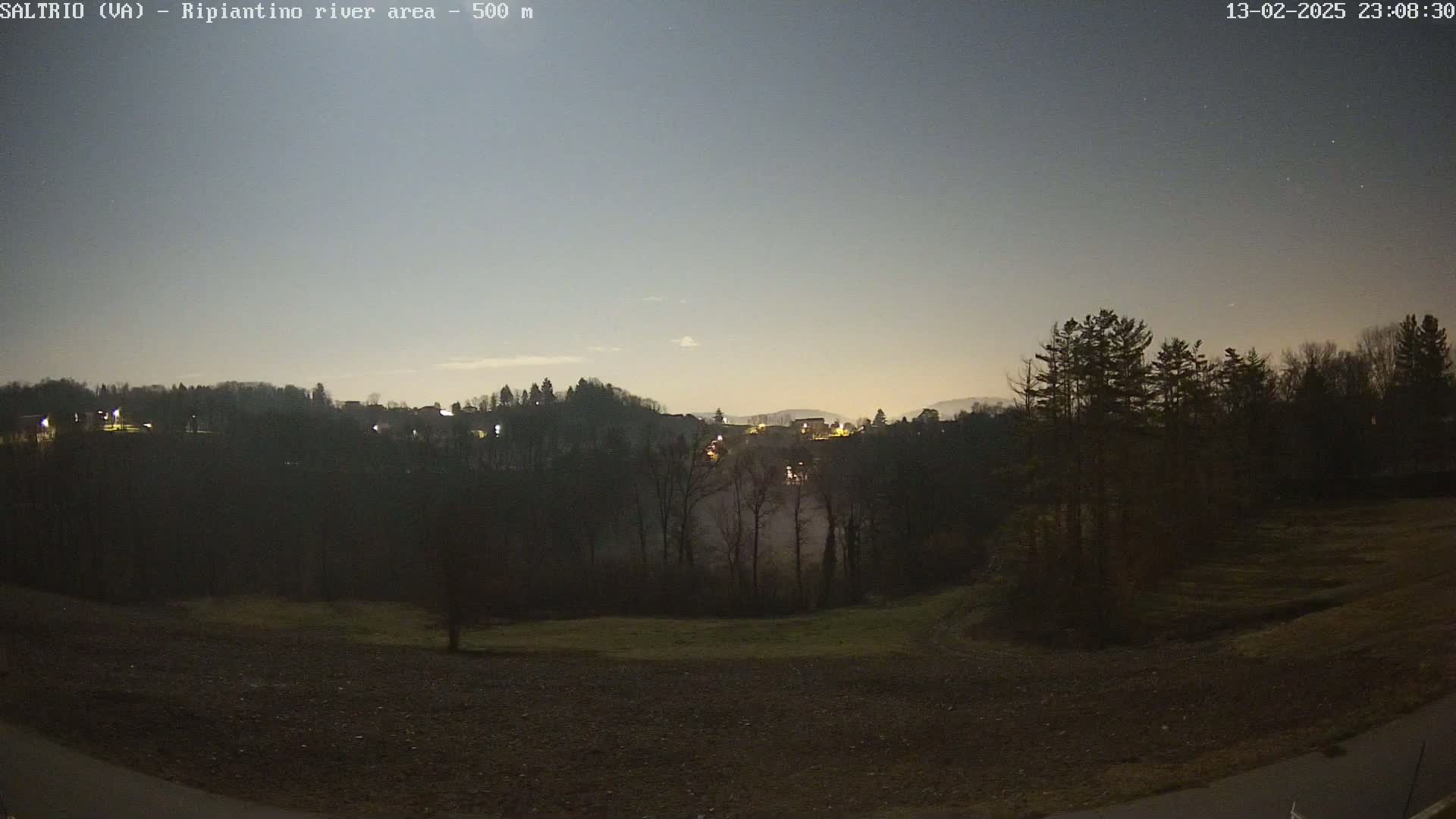 A nighttime view of a dark, hilly landscape with sparsely spaced trees under a twilight sky.