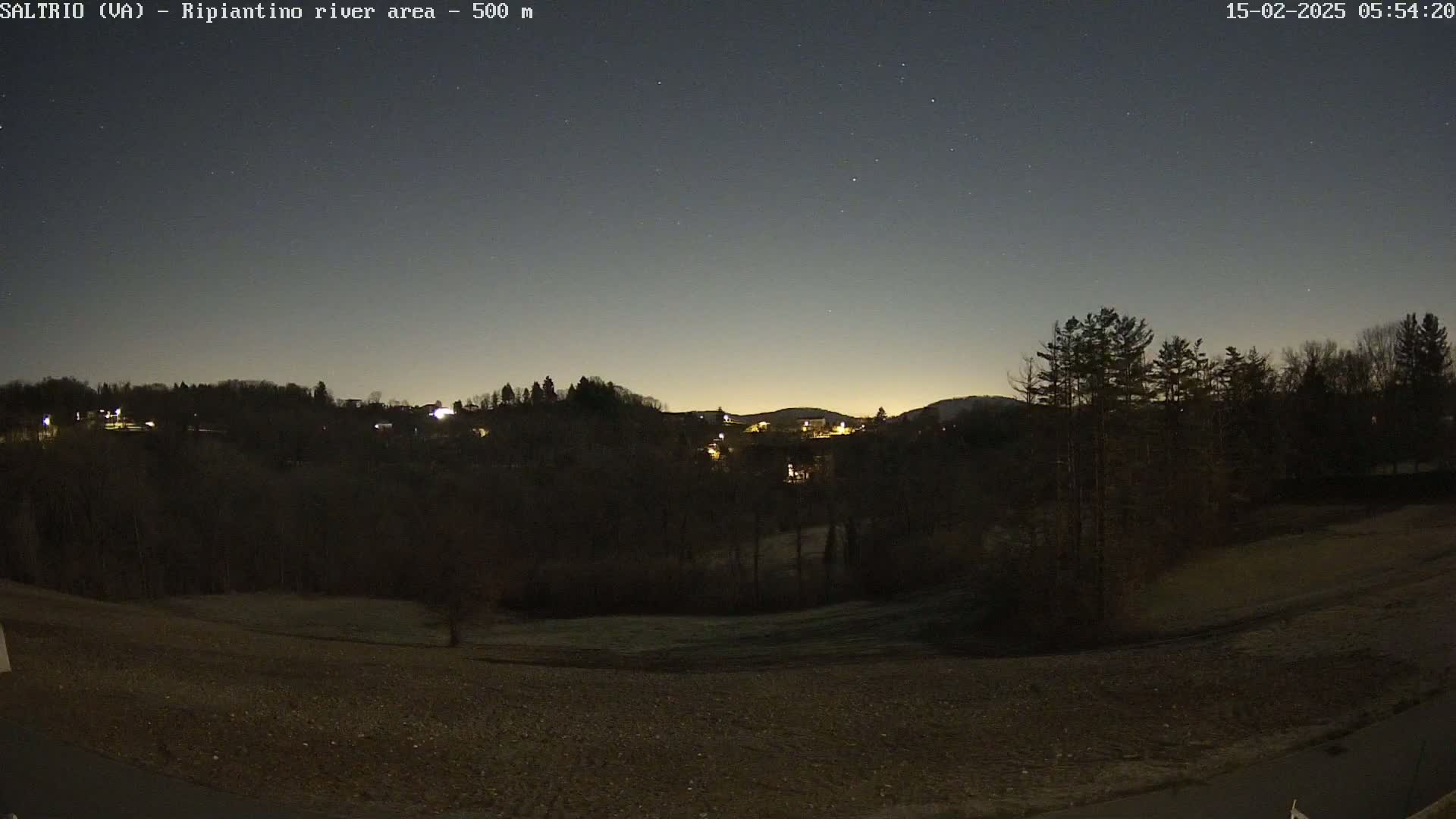 A nighttime view of a dark, tree-lined hillside with a few scattered lights, under a clear, starlit sky.