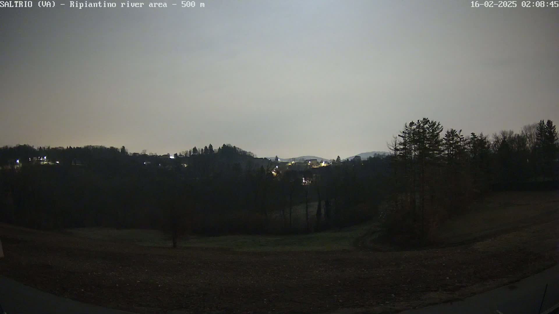 A nighttime, dimly lit view of a hilly landscape with dark trees and a few distant lights under a pale gray sky.