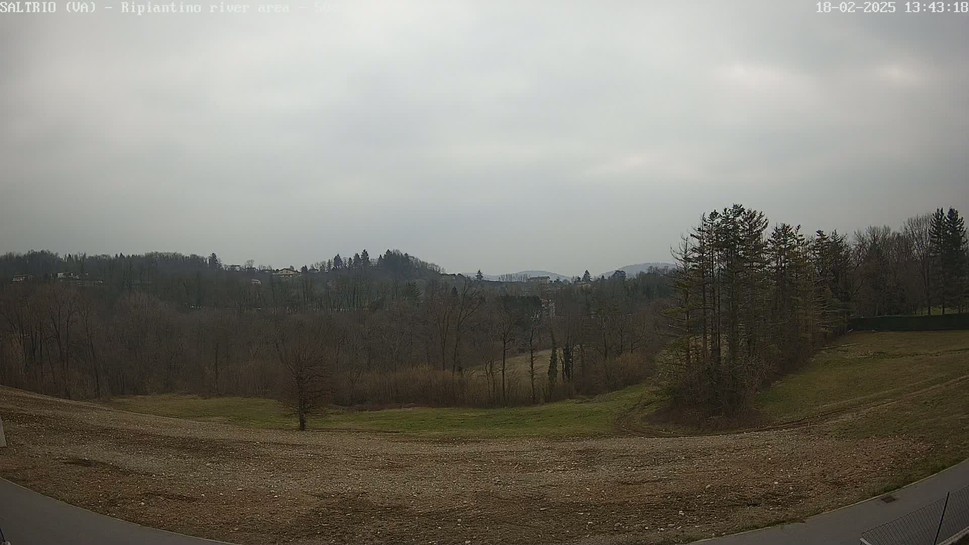 A mostly barren, rocky field slopes down to a line of bare trees and hills under a cloudy sky.
