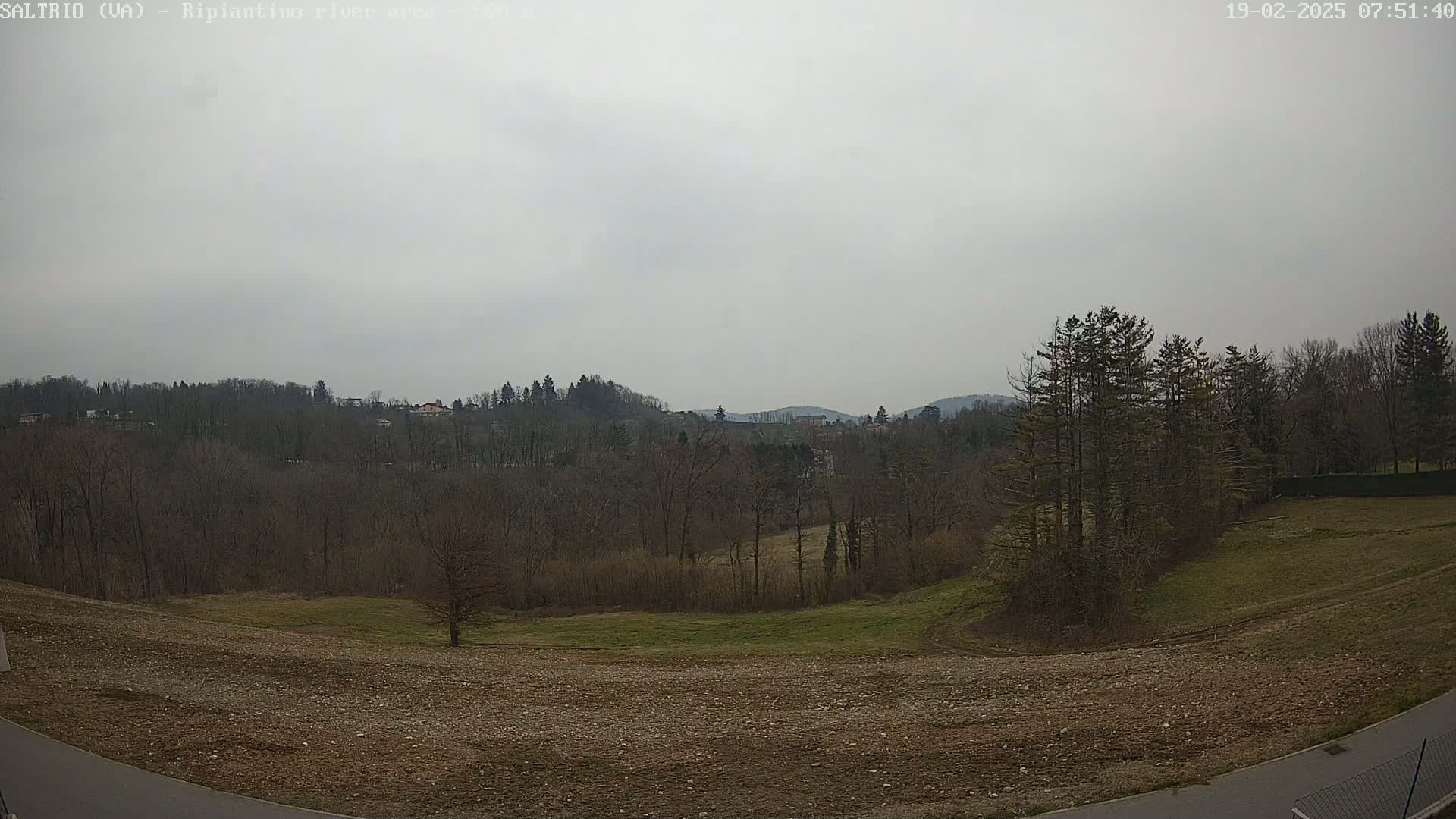 A mostly barren, brown field slopes gently down to a line of bare trees and distant hills under a gray, overcast sky.