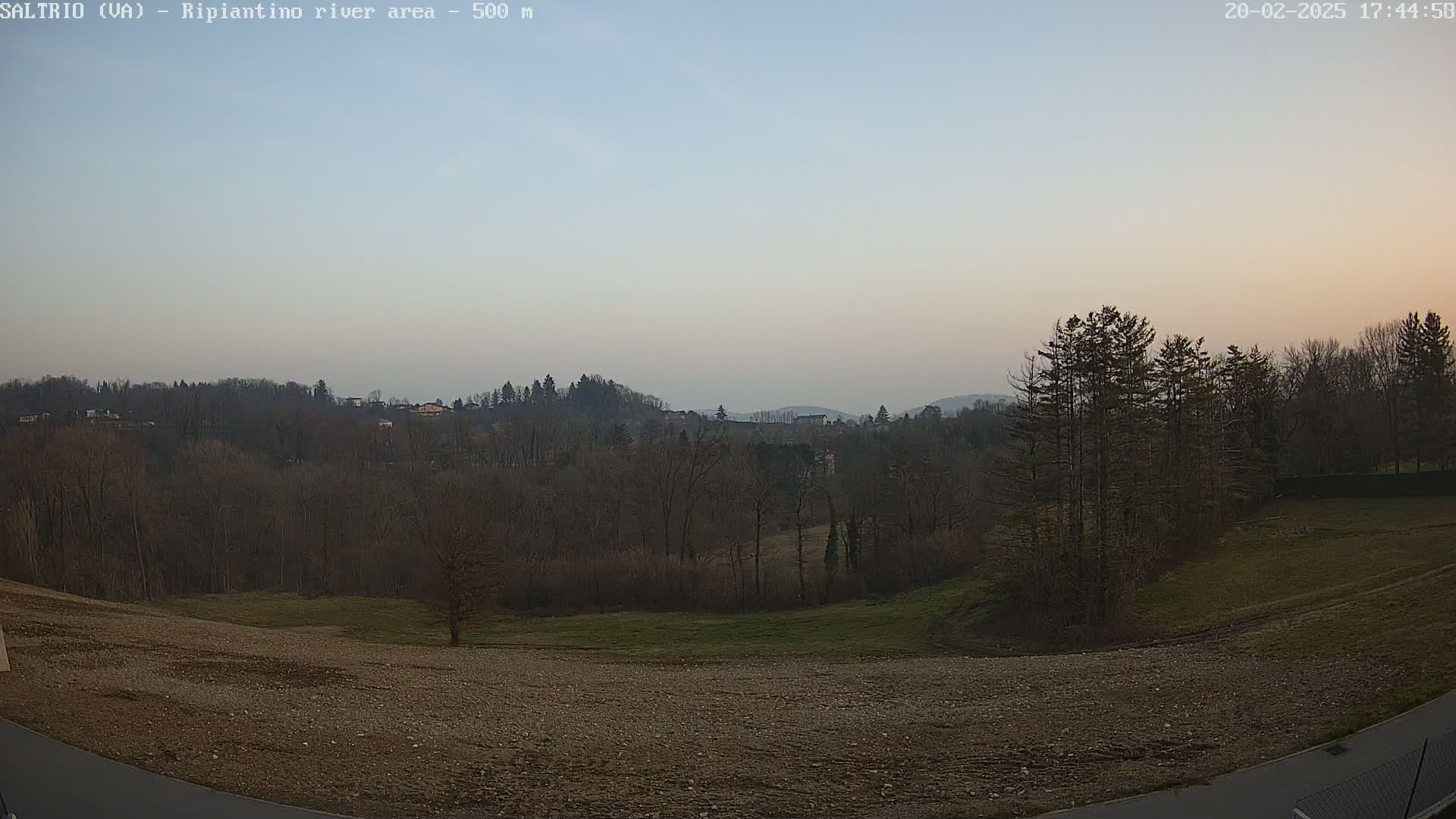 A mostly barren field slopes down to a line of bare trees and distant hills under a hazy, light-grey sky.