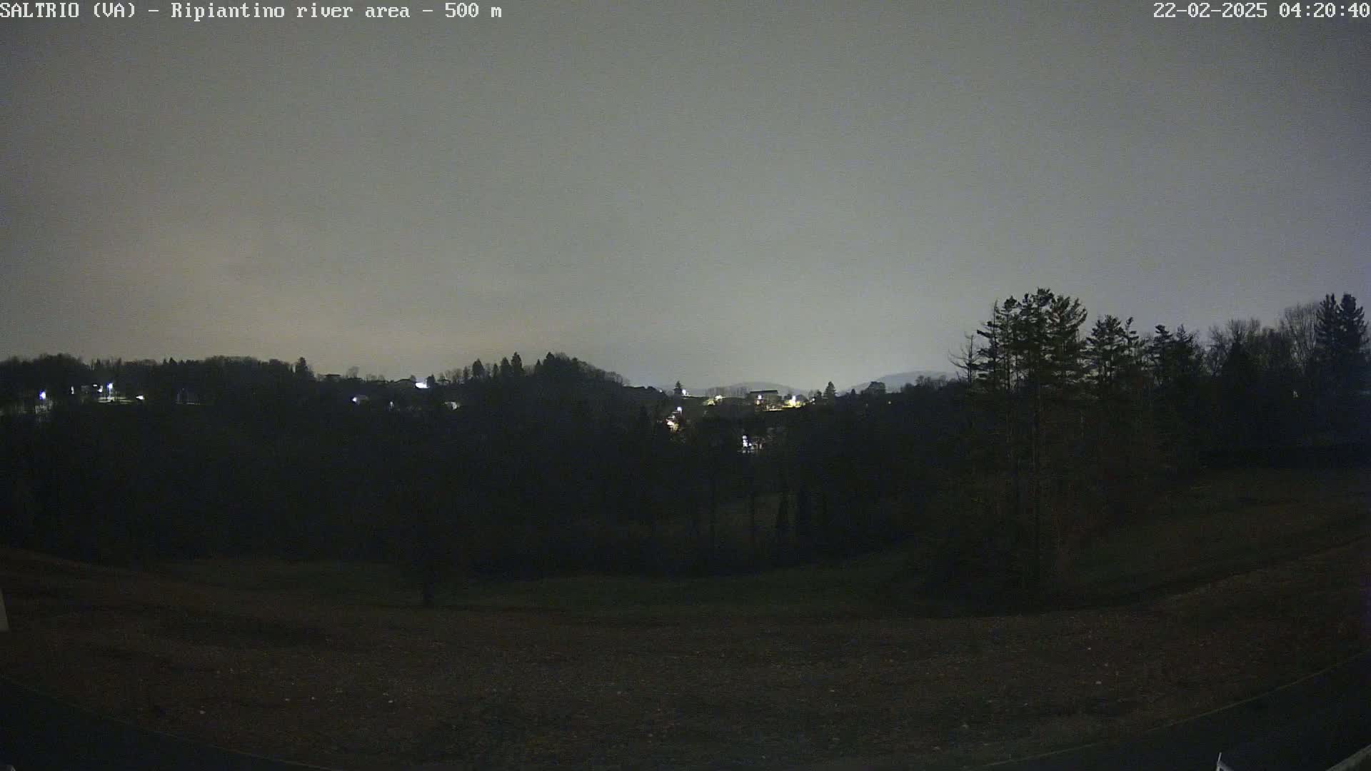 A nighttime view of a dark, tree-covered hillside with a few distant lights under a gray, overcast sky.