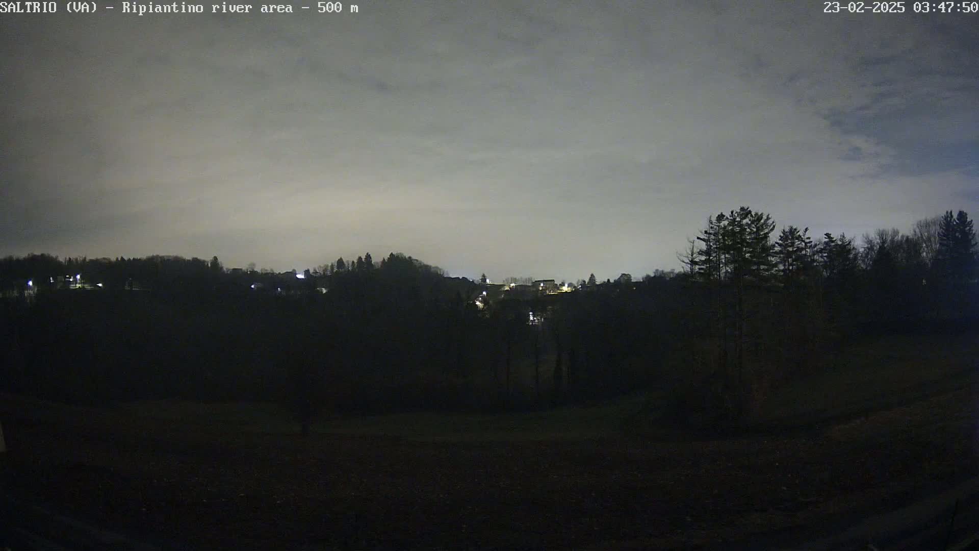 A nighttime view of a dark, tree-lined hill with sparsely lit buildings in the distance under a cloudy sky.