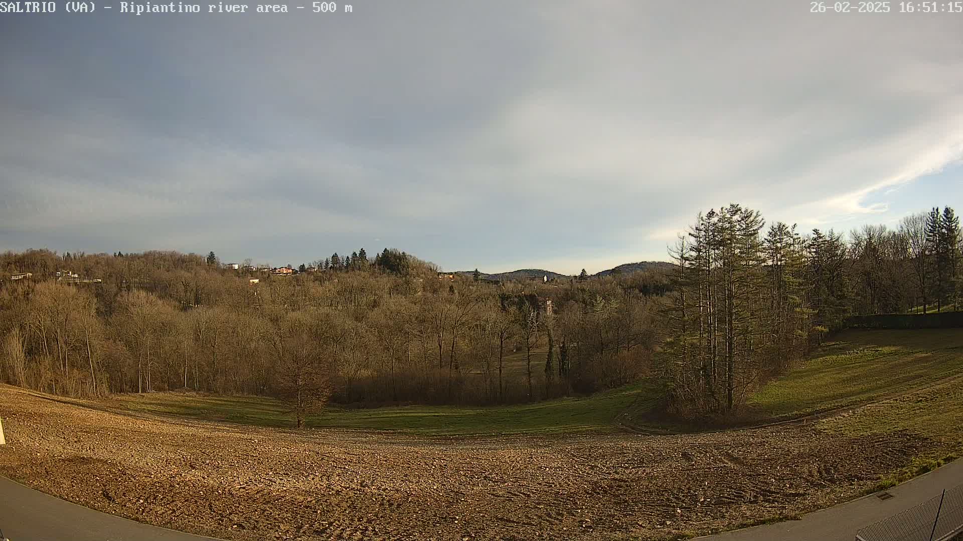 A mostly cloudy sky overlooks a barren field next to a line of leafless trees and a small village nestled in the distance.