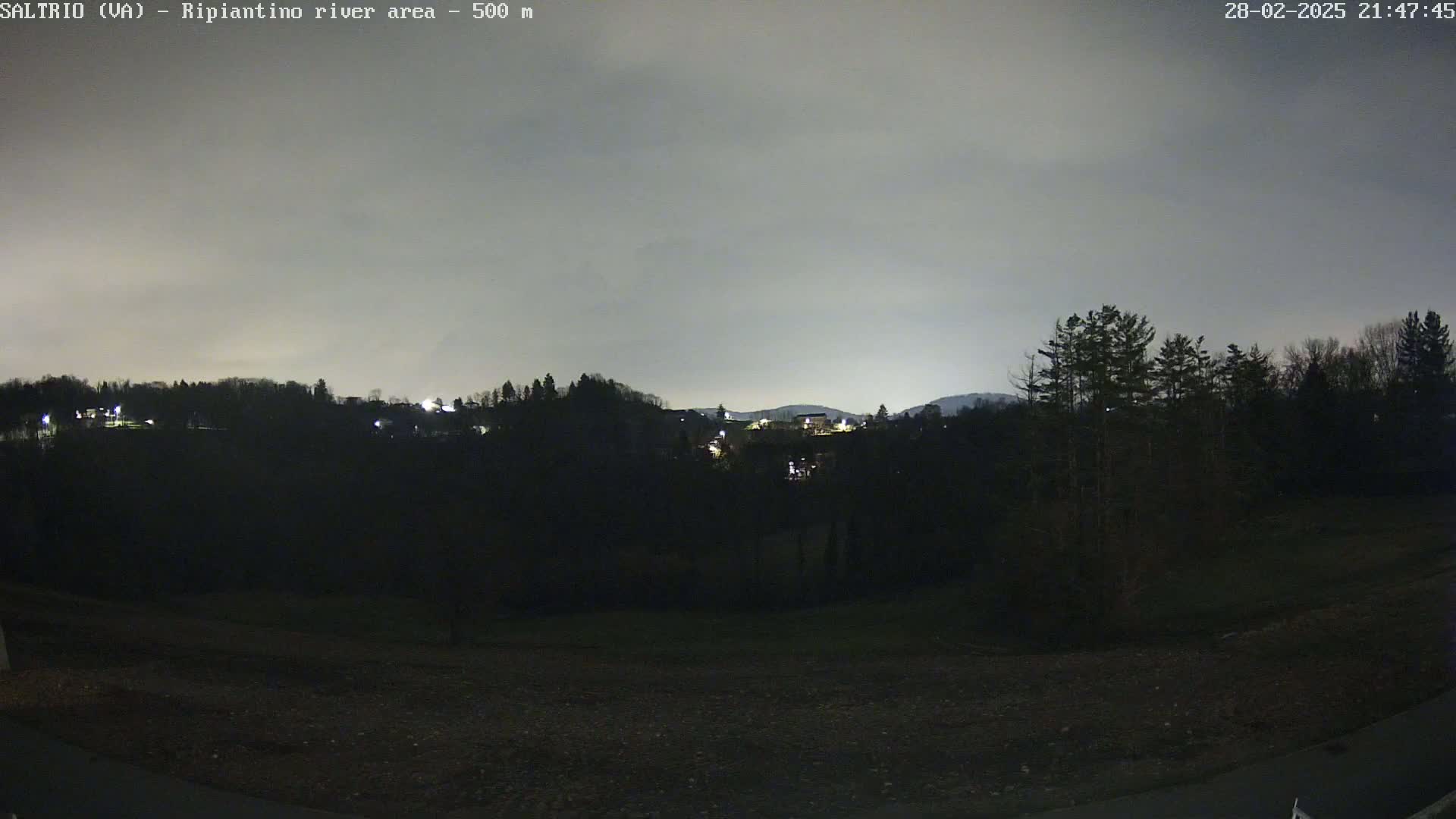 A nighttime view of a dark, sparsely lit landscape with trees and hills under a cloudy sky.