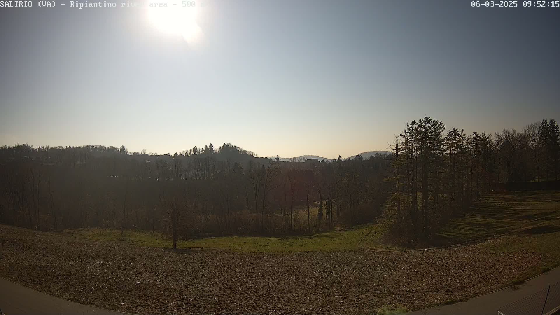 A sunny day reveals a view of plowed fields, a stand of trees, and distant hills covered in a mix of bare and leafy trees.