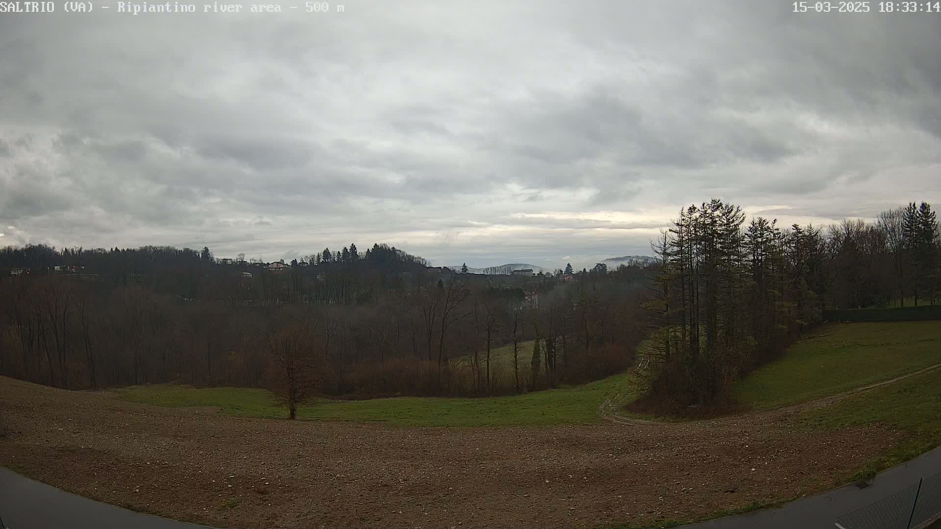 A view of a hilly landscape with bare trees under a cloudy sky shows a distant fog-covered valley.