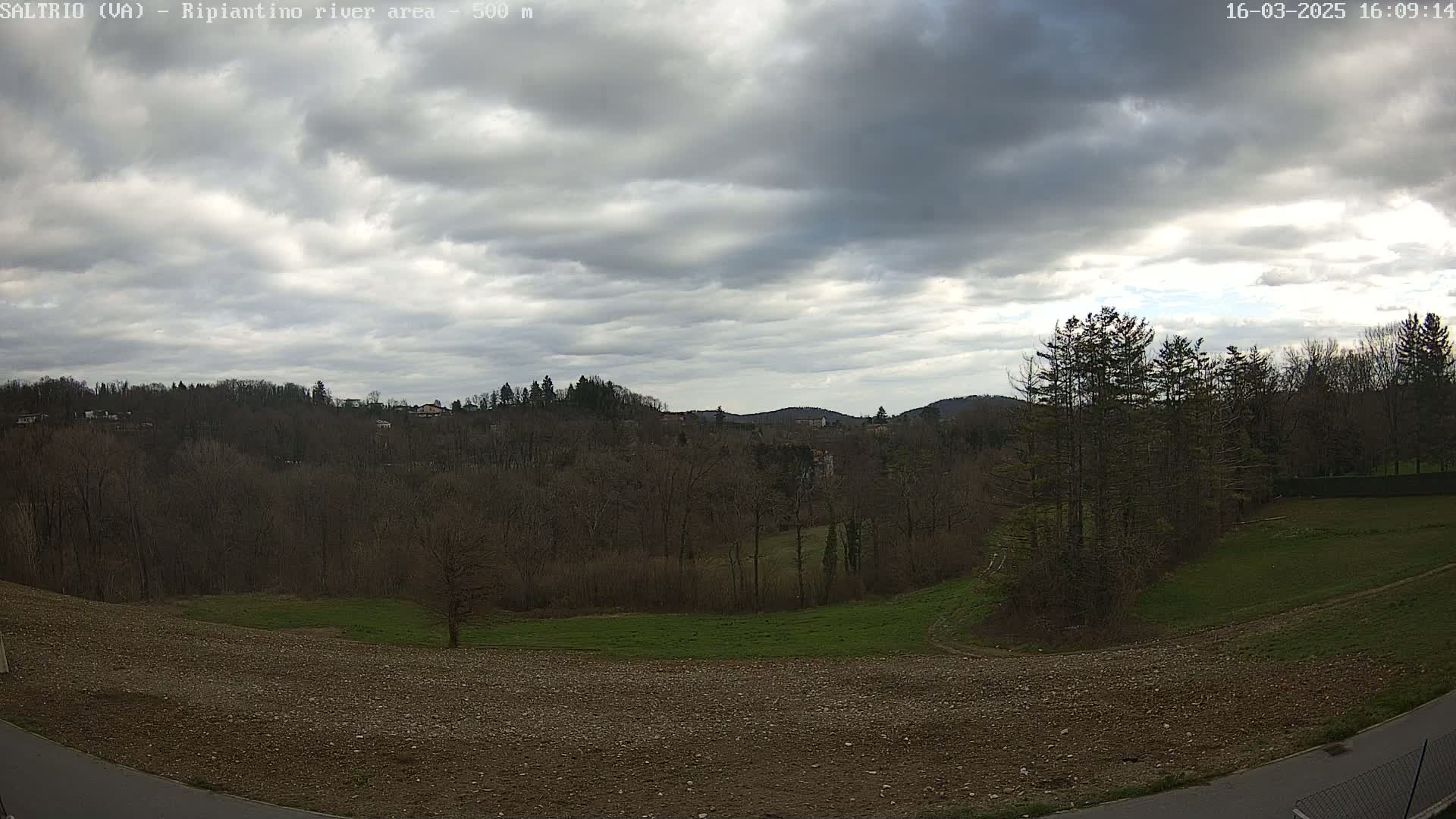 A mostly cloudy sky overlooks a landscape of bare winter trees, patches of grass, and a rocky, brown field.