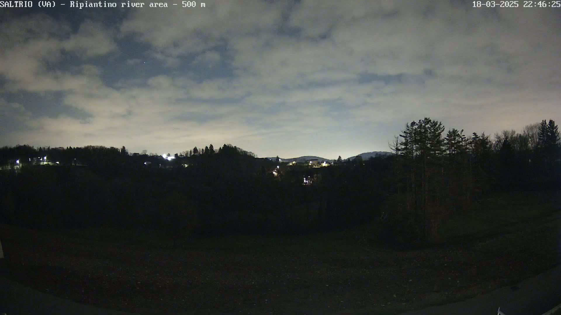 A nighttime view of a dark, tree-covered hillside with a few scattered lights under a cloudy sky.