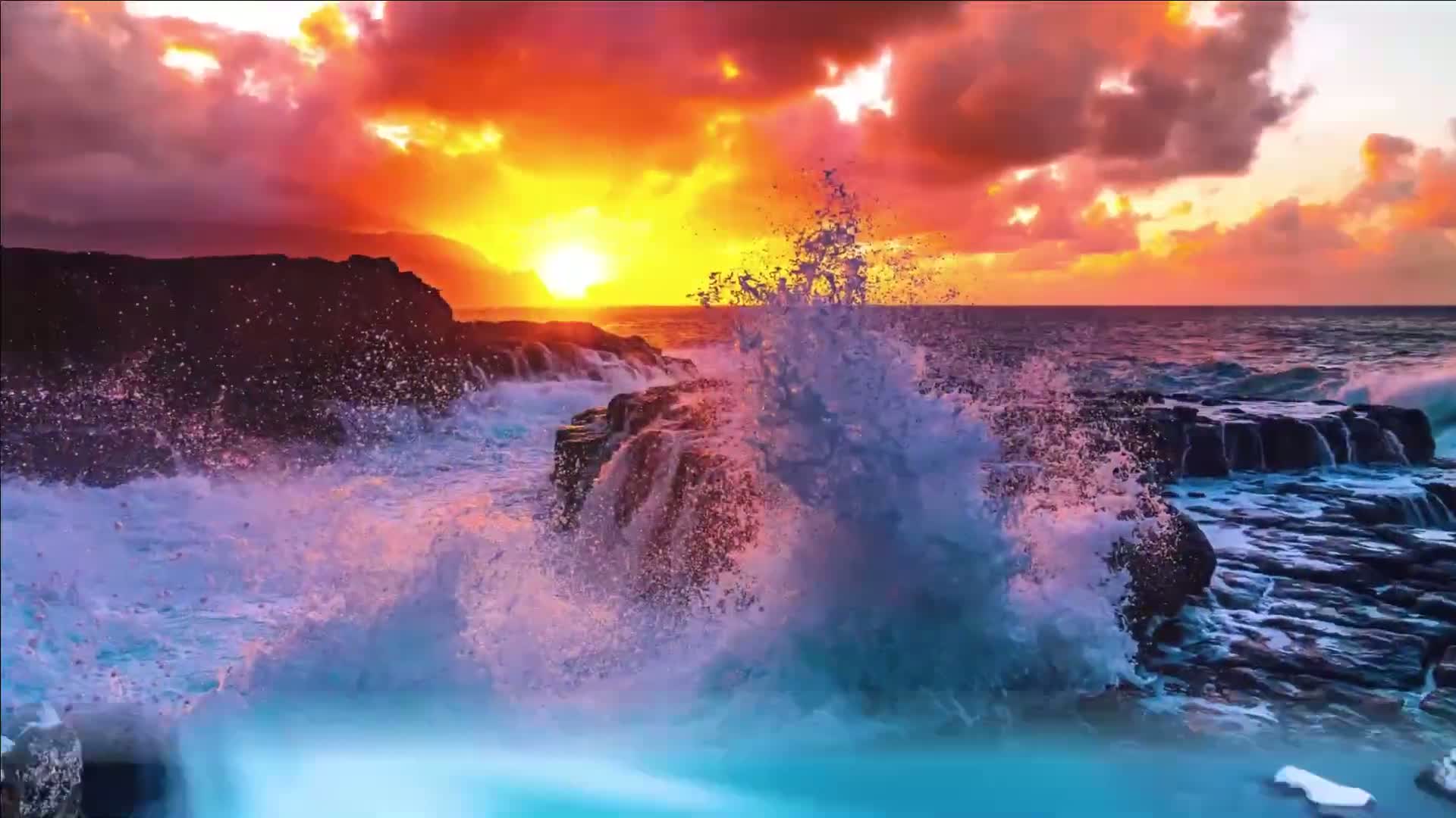 Ocean waves crash against dark rocks during a vibrant sunset with colorful clouds.