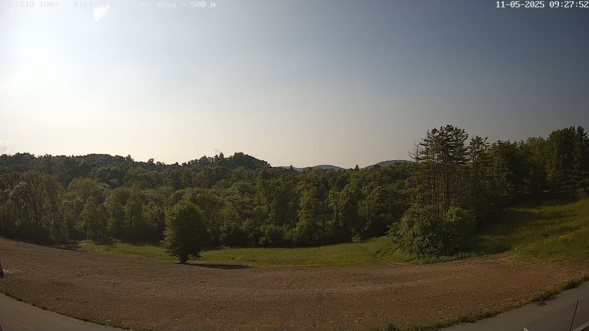 A mostly clear sky overlooks a flat, brown, dirt field next to a grassy area and a lush green forest under a bright sun.
