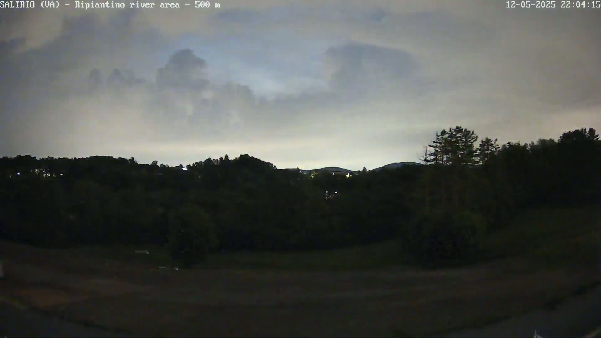 A dark, overcast night scene shows a line of trees and hills in the distance.