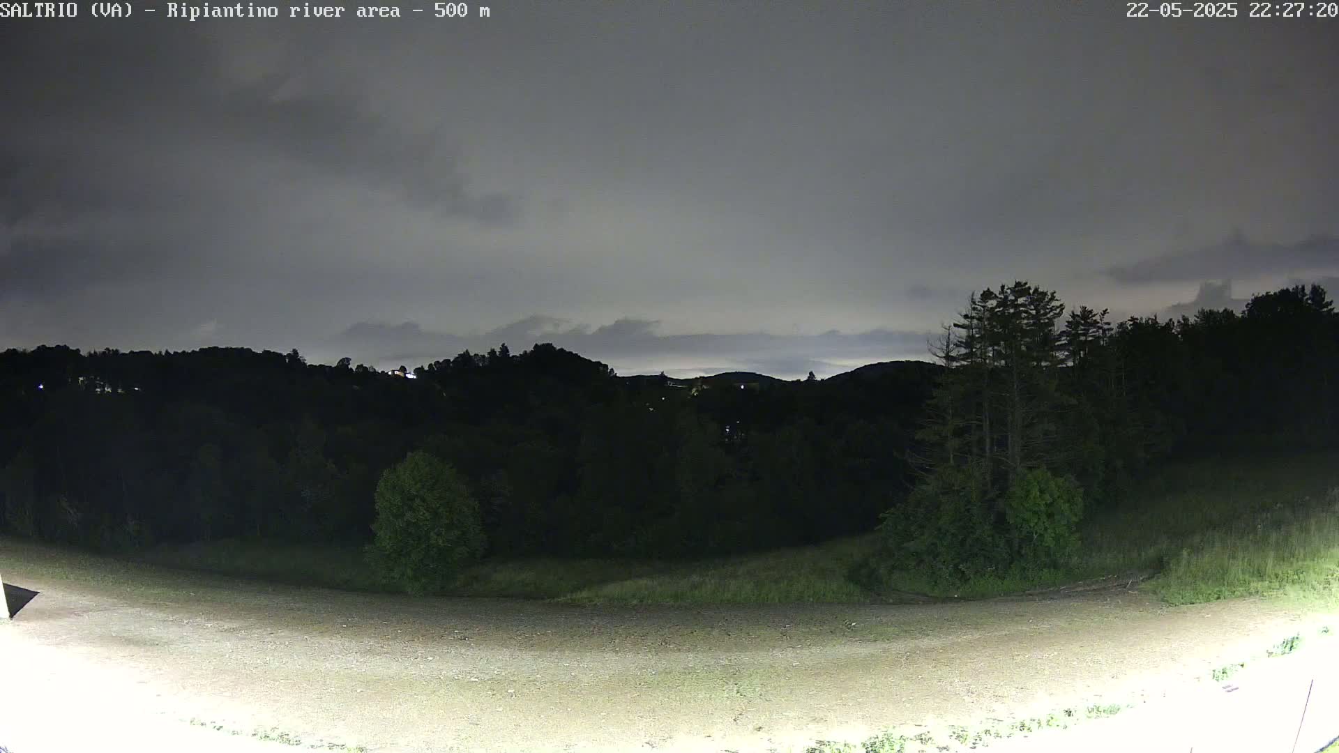A nighttime view of a dark, wooded hillside under a cloudy sky, with a flat, light-colored area in the foreground.