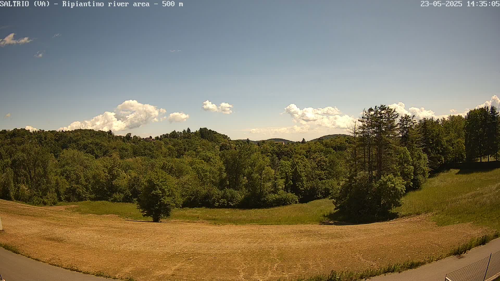 A mostly sunny day with scattered cumulus clouds over a landscape of lush green trees and a large, dry, brown field.