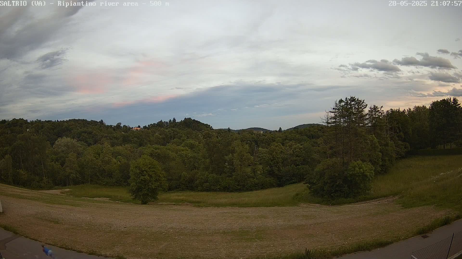 A mostly cloudy evening sky over a verdant landscape of trees and grassy fields, with a hint of pink near the horizon.