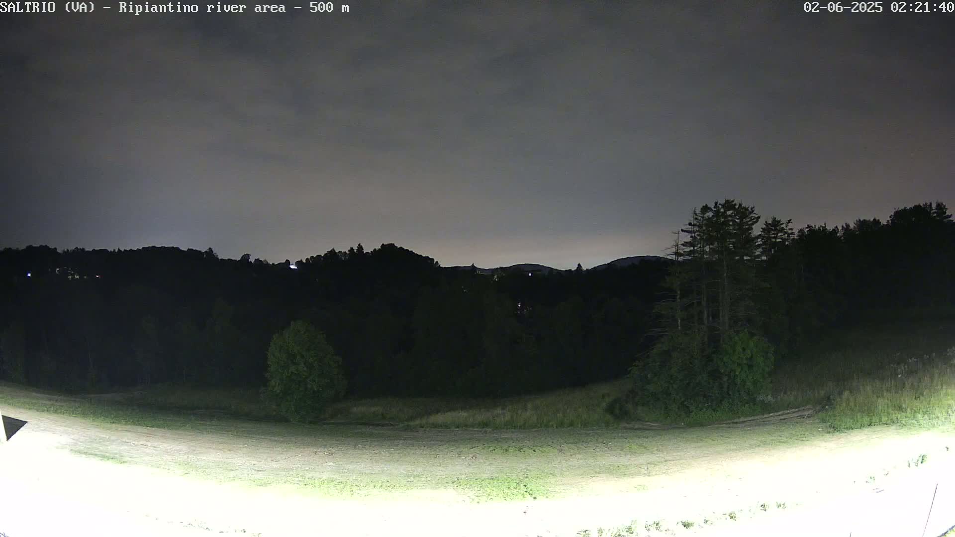 A nighttime view of a grassy field illuminated by artificial light, with dark trees and hills in the background under a cloudy sky.