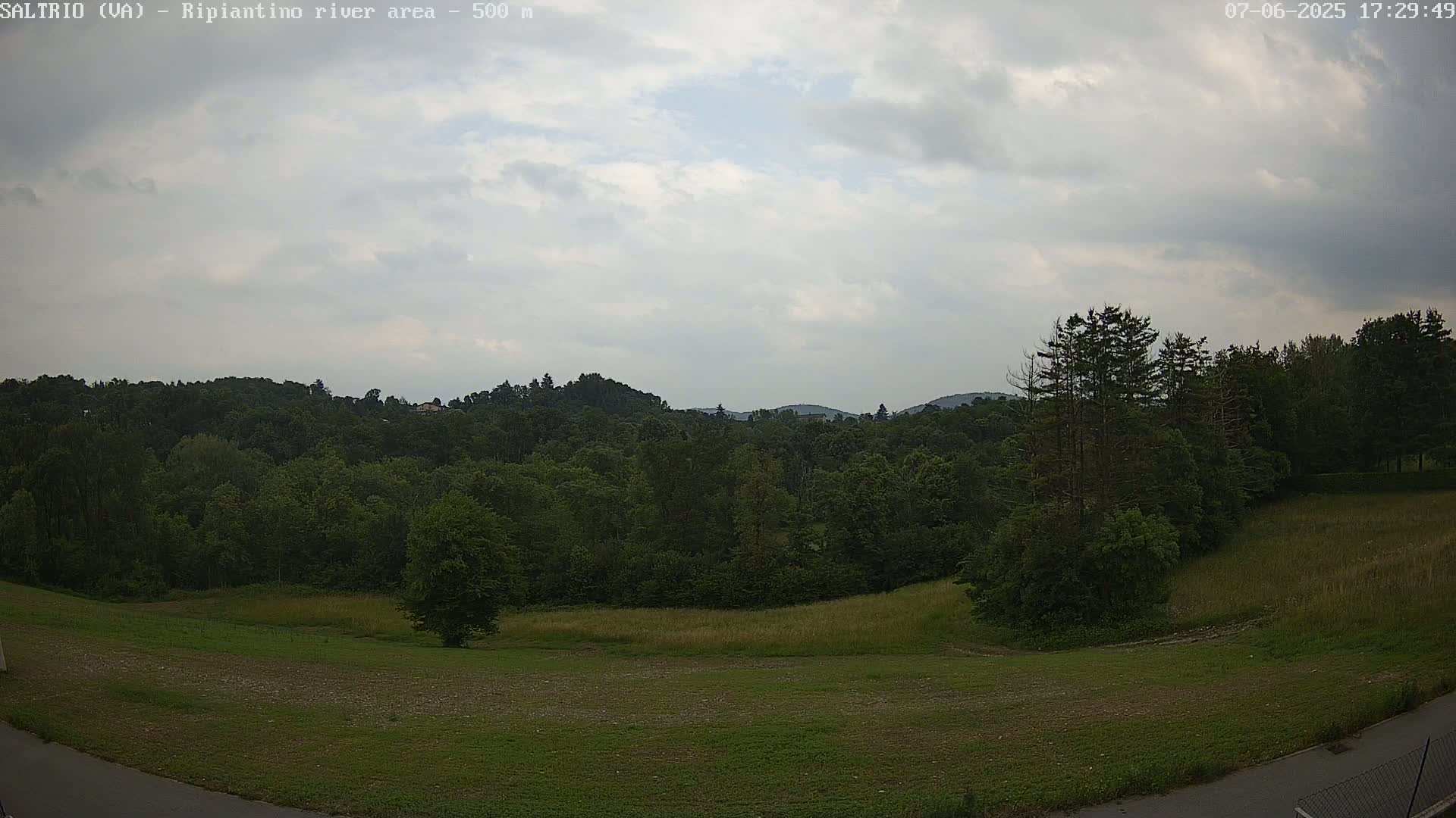 A mostly cloudy sky overlooks a field and a dense forest of green trees, rising to hills in the distance.