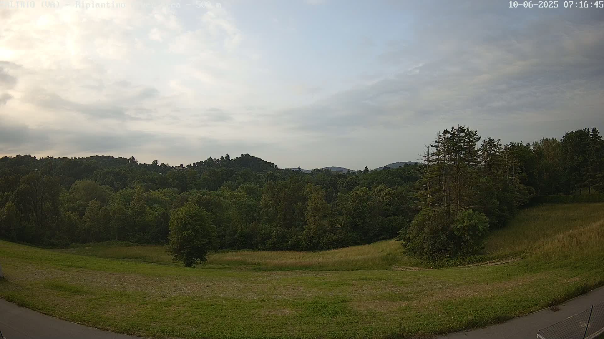 A mostly cloudy sky overlooks a grassy field and a dense forest covering rolling hills.
