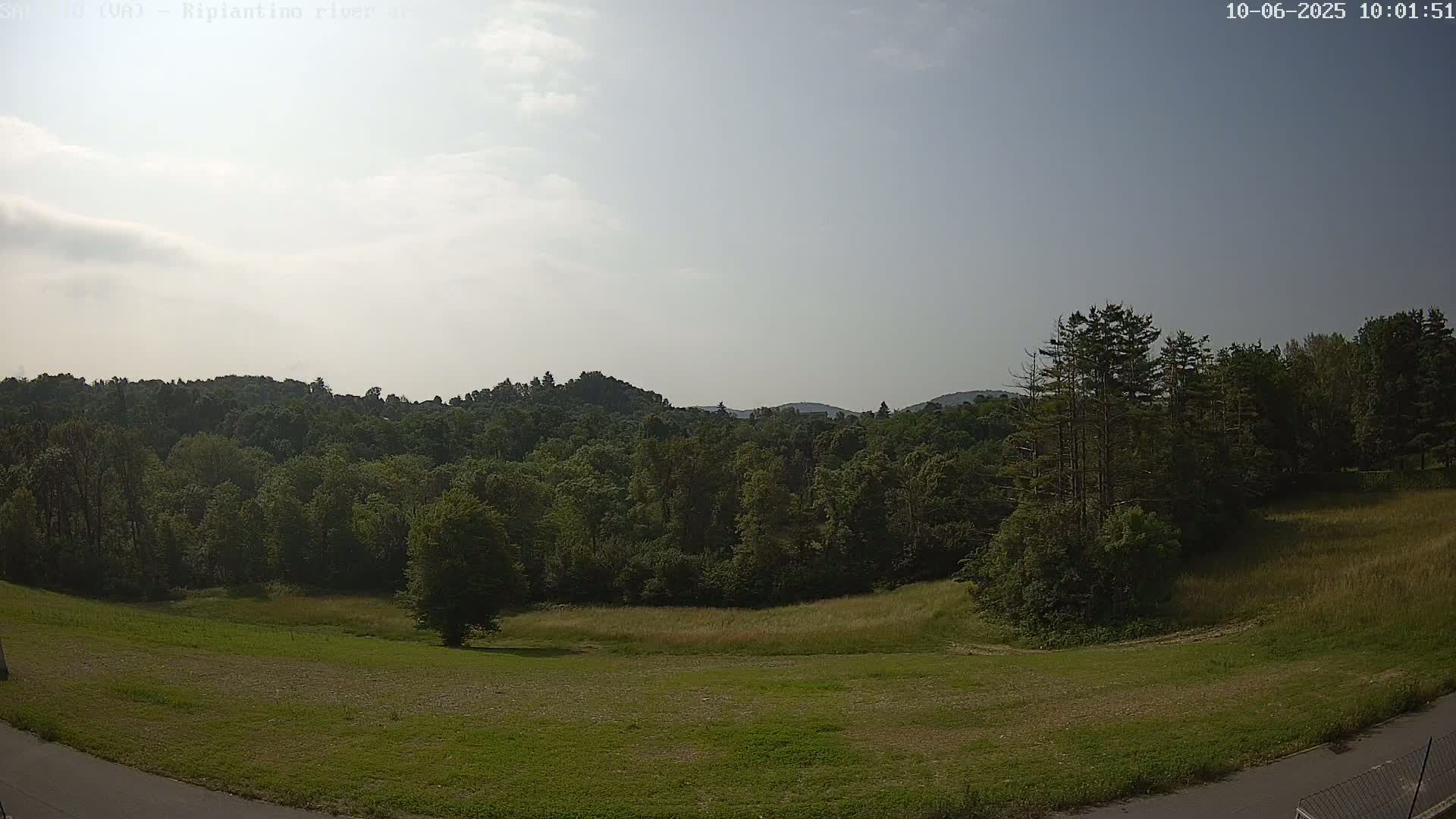A mostly sunny day reveals a lush green field, bordered by a dense forest that climbs hills in the background.