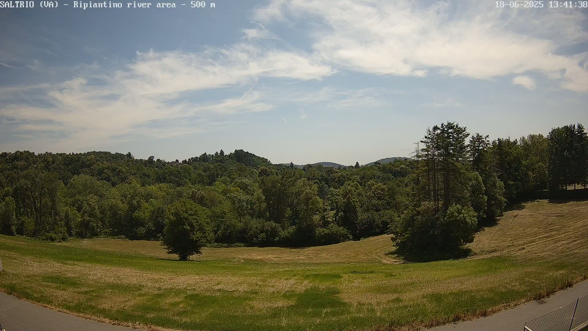 A mostly sunny sky overlooks a green, grassy field and a lush forest under a partly cloudy sky.