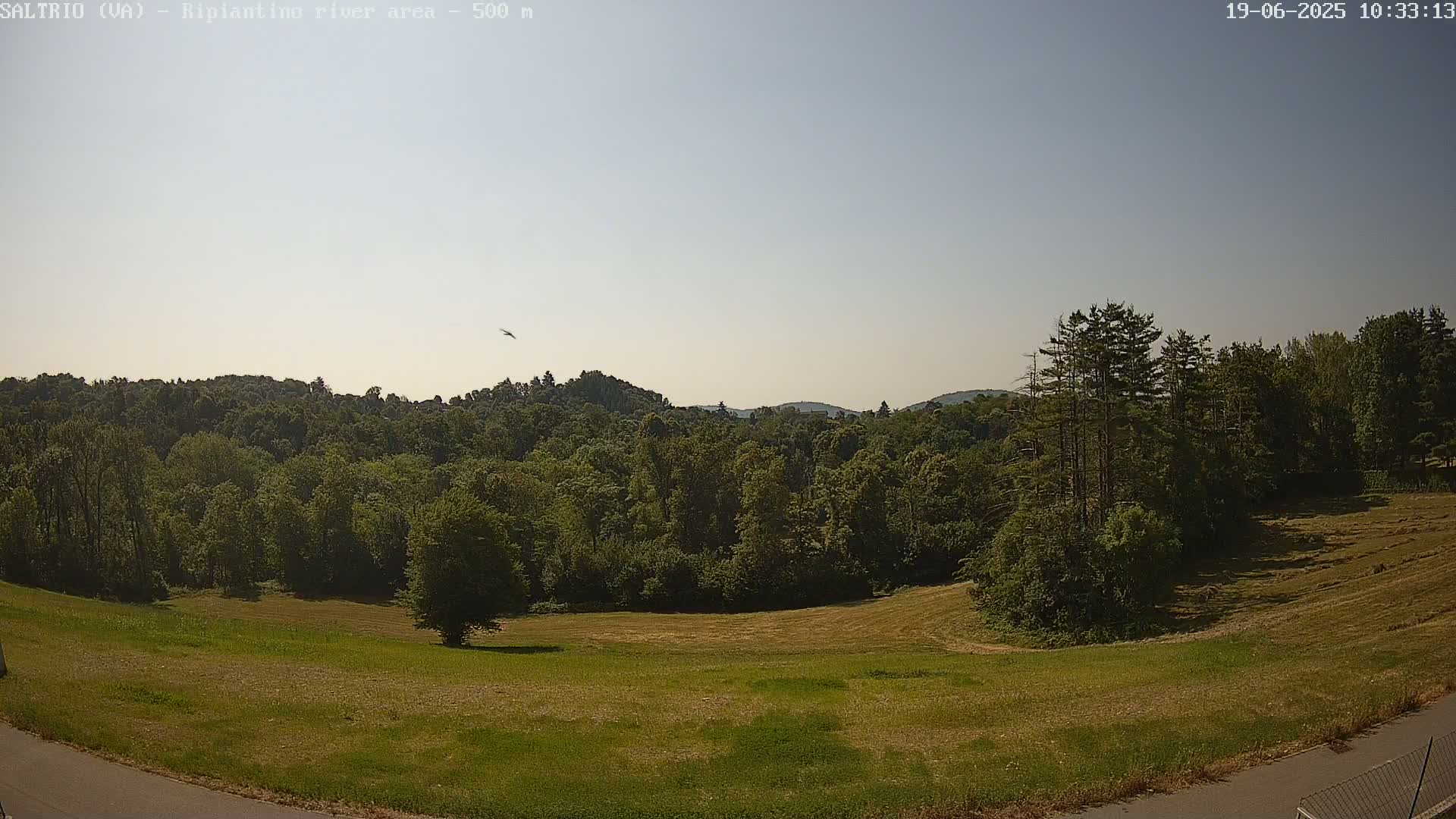 A mostly clear sky overlooks a verdant valley filled with lush green trees and a mown grassy field, with a single bird visible in the distance.