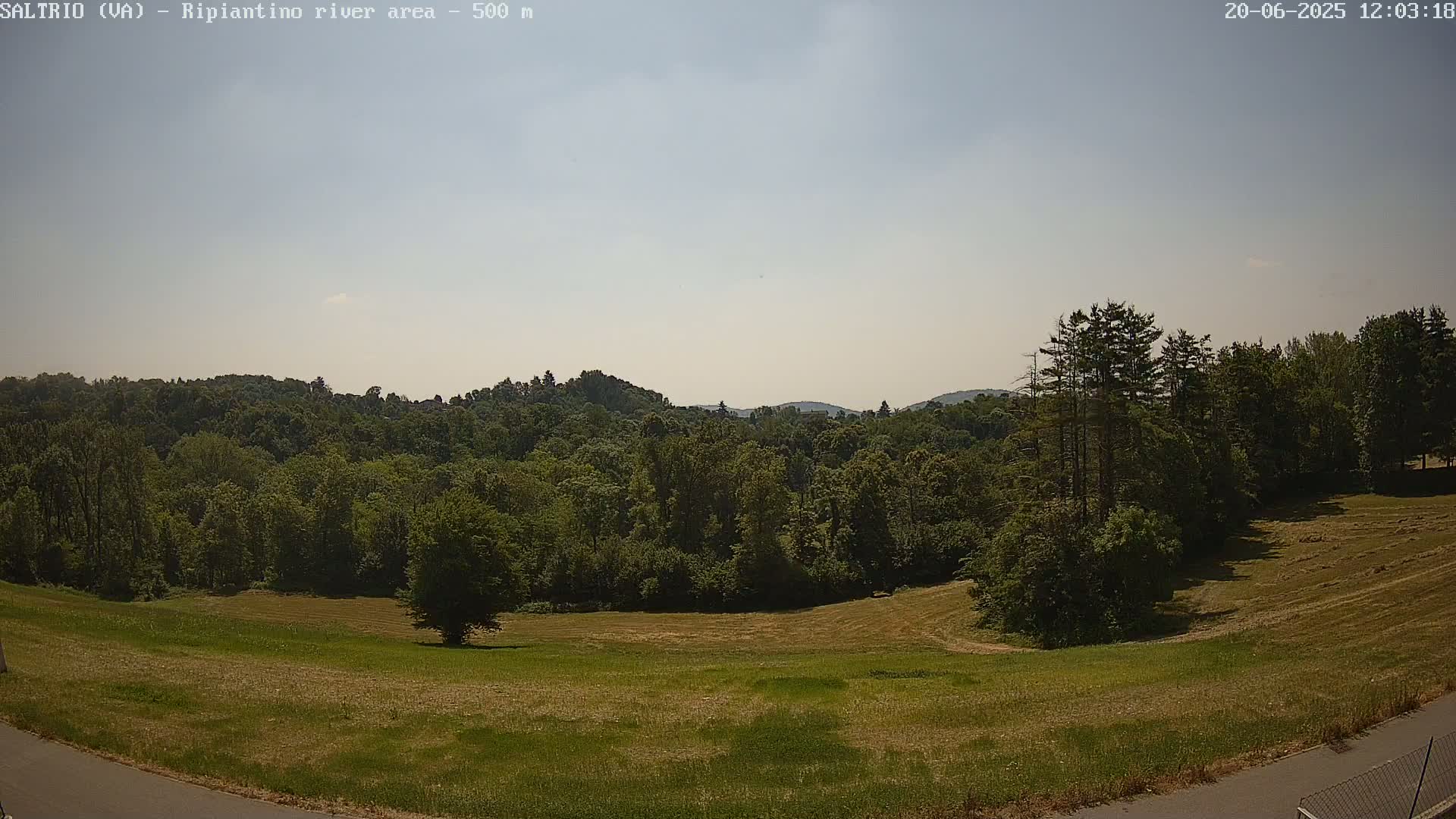A grassy field slopes down to a line of trees and hills under a mostly clear, light-blue sky.