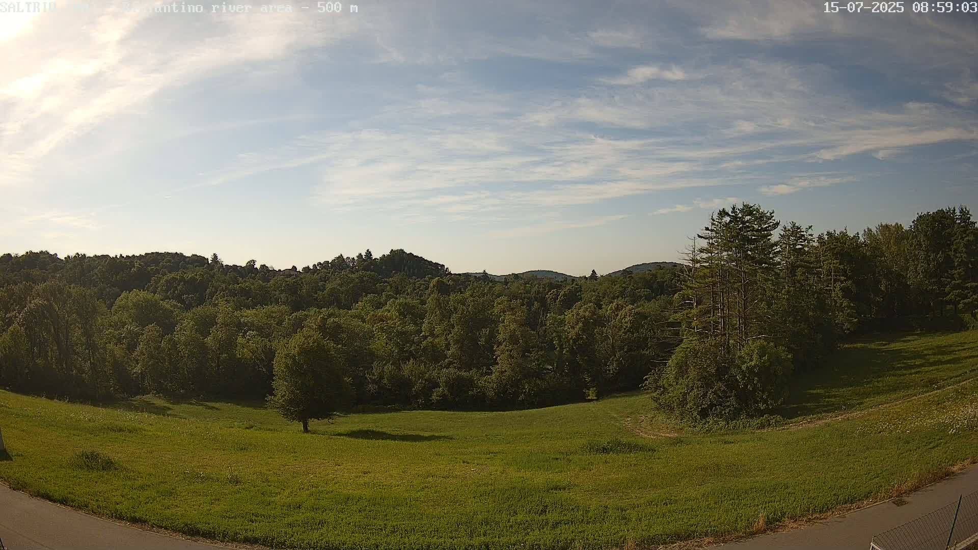 A mostly sunny day reveals a verdant landscape of grassy fields and lush green forests under a partly cloudy sky.