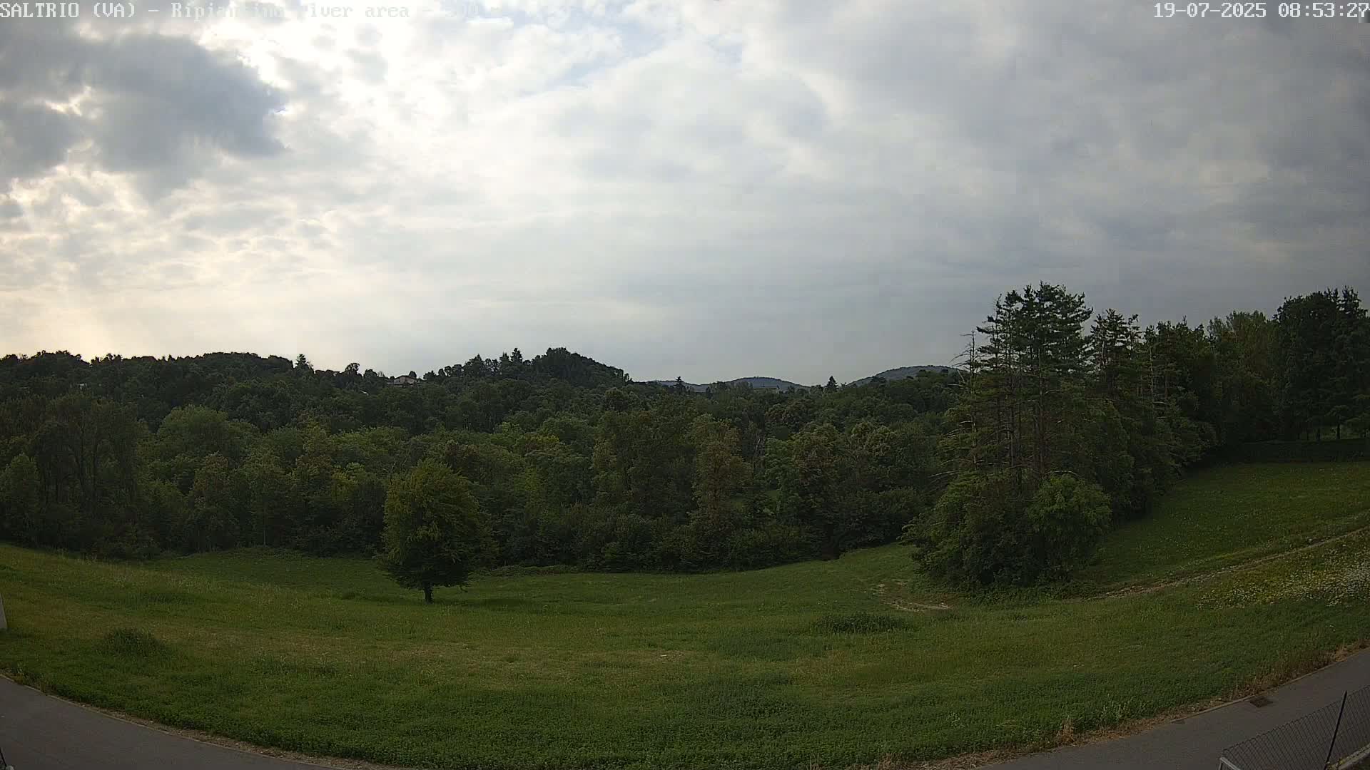 A wide shot shows a verdant field sloping down to a line of trees and hills under a cloudy sky.