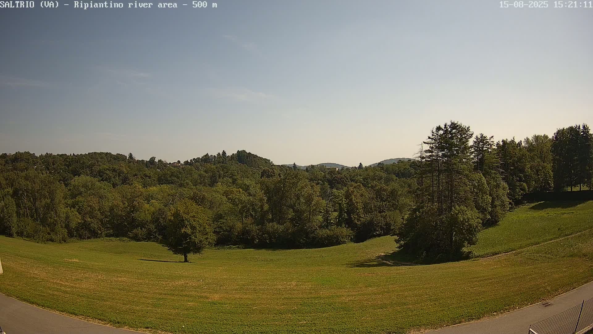 A grassy field slopes gently down to a wooded area under a clear, light-blue sky.