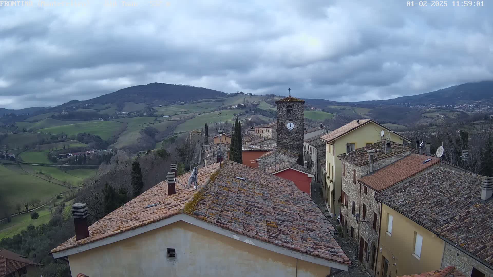 A small village nestled in a valley, under a cloudy sky, overlooks rolling green hills and distant mountains.