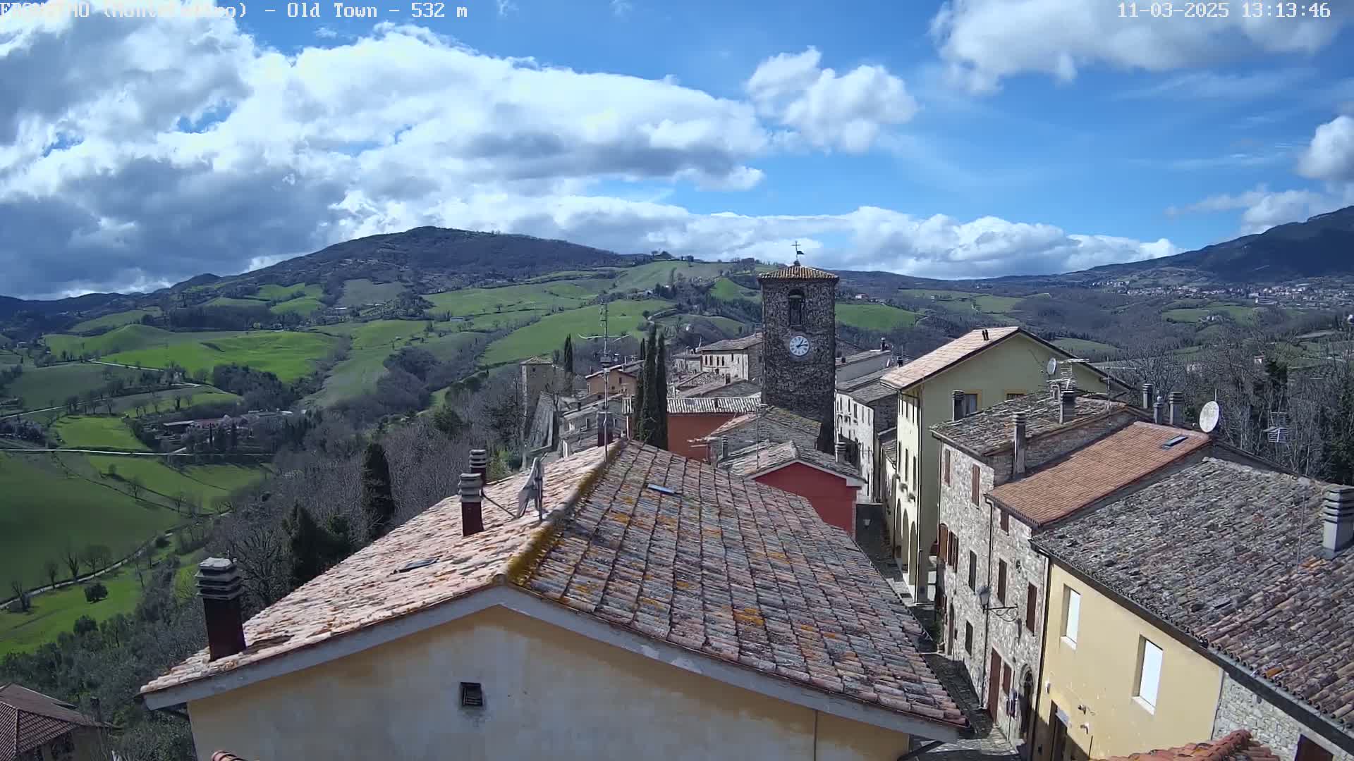 A quaint village nestled in rolling green hills under a partly cloudy sky.