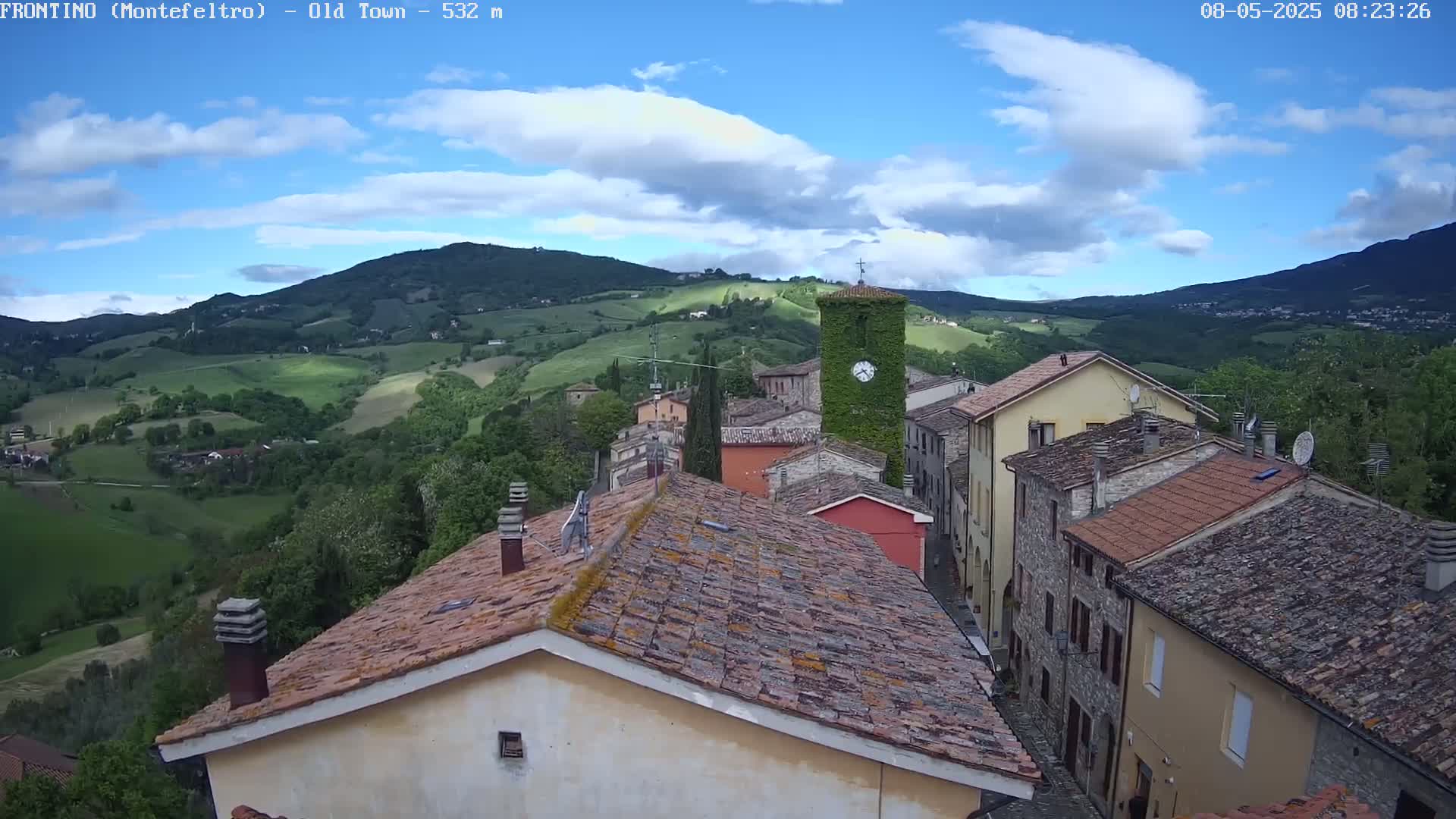 A partly cloudy day reveals a village nestled in a valley, surrounded by rolling green hills and mountains.