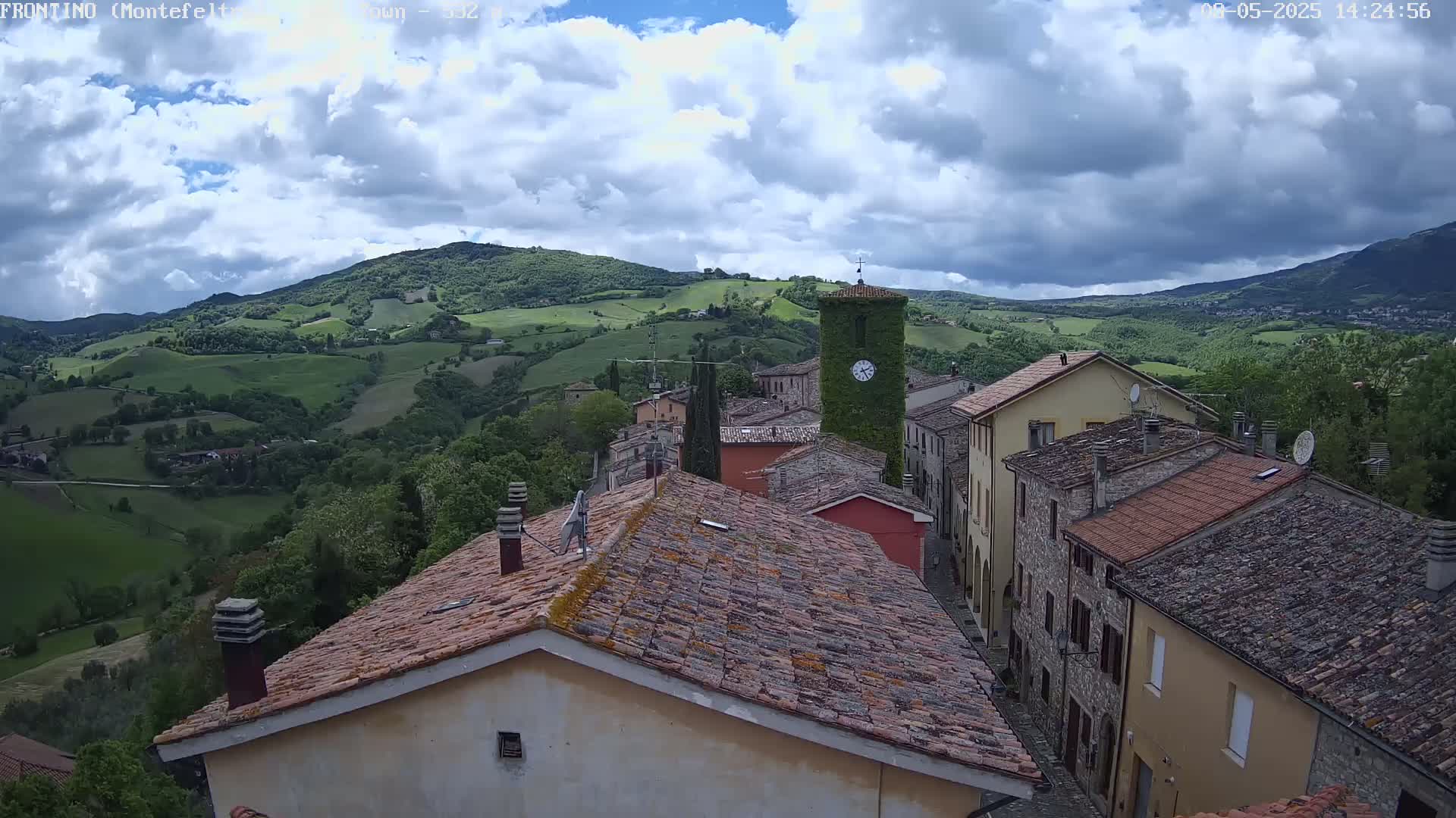 A partly cloudy sky overlooks a village nestled in a verdant valley, with rolling hills extending to the horizon.